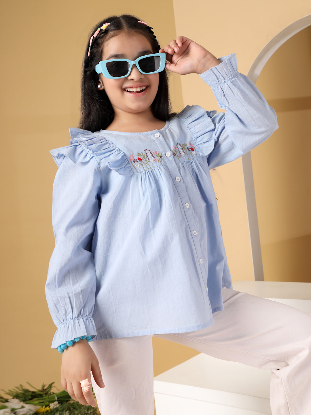 Powder Blue Ruffle Detail Embroidered Top