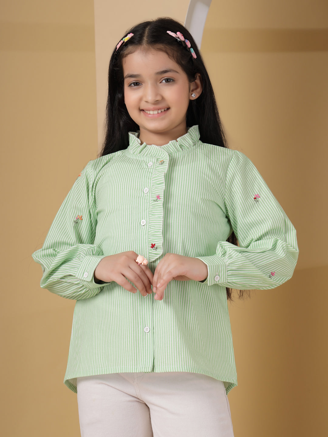 Mint Green Floral Embroidered Shirt
