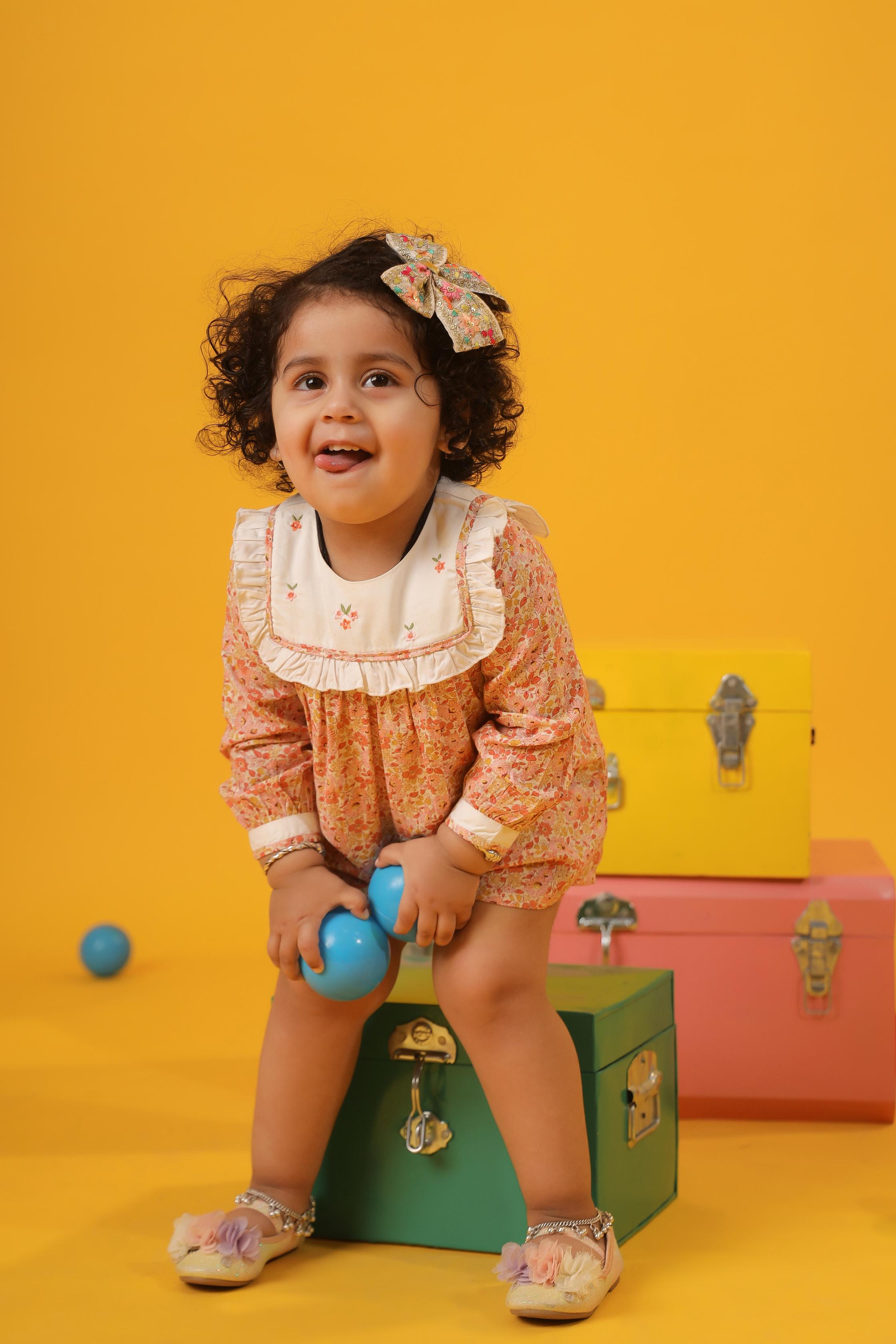 Orange Print & Embroidery Infant Dress