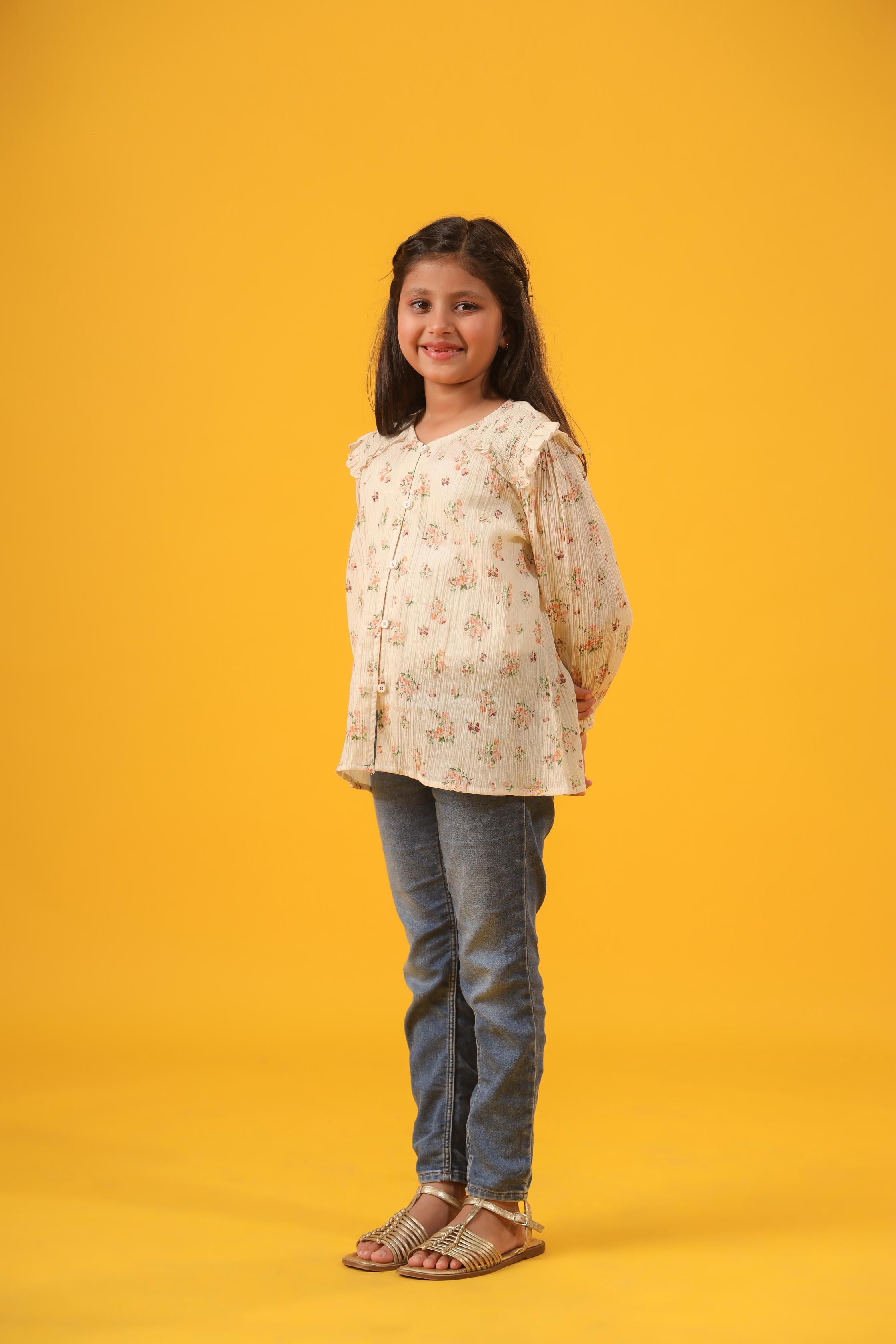 Orange Floral Smocking Detail Blouse