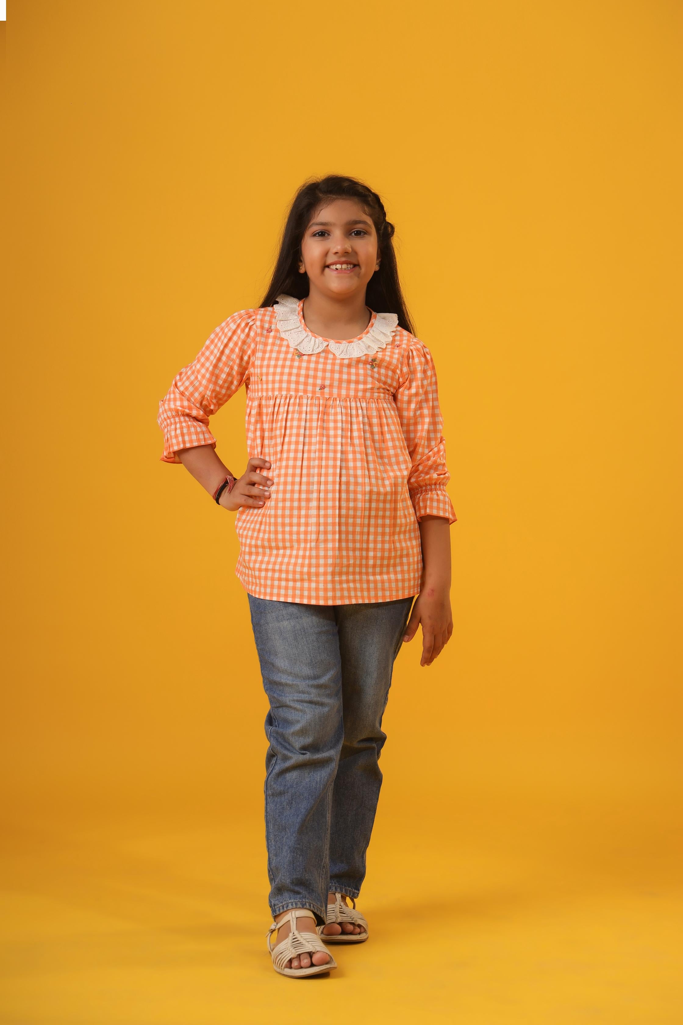 Orange Checks & Embroidery Blouse