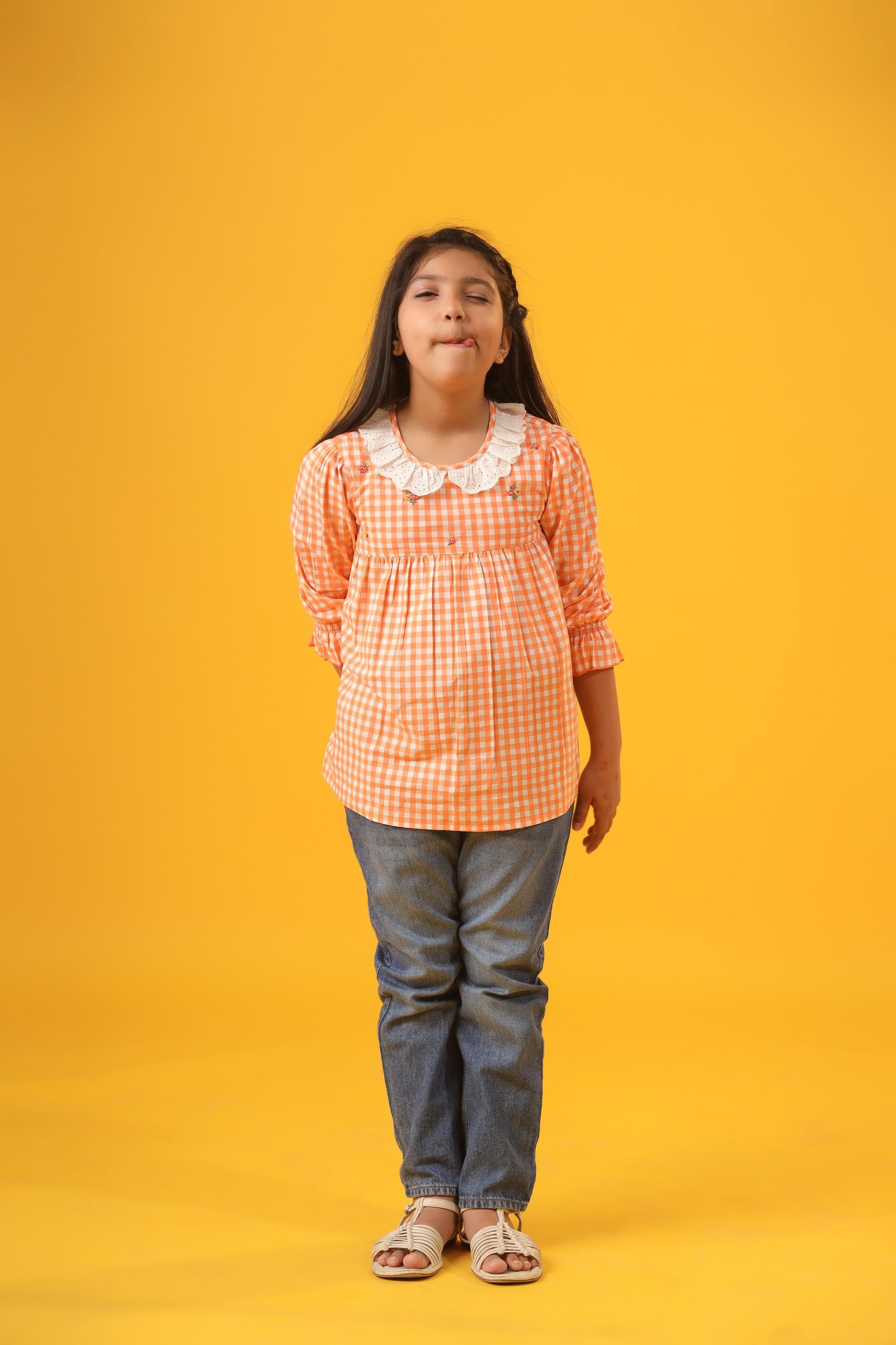 Orange Checks & Embroidery Blouse