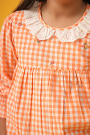 Orange Checks & Embroidery Blouse