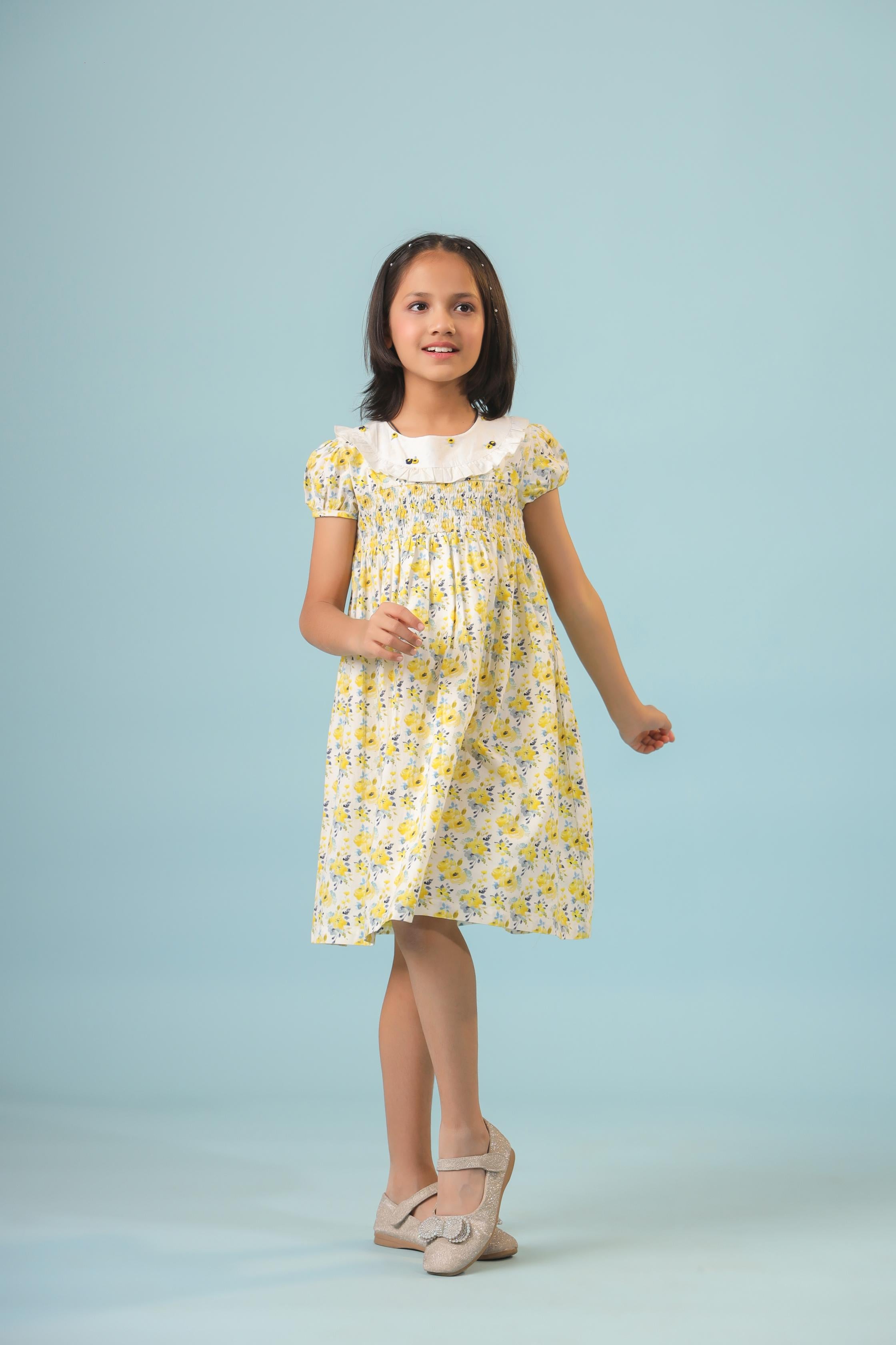 Yellow and White Smocking Detail Dress