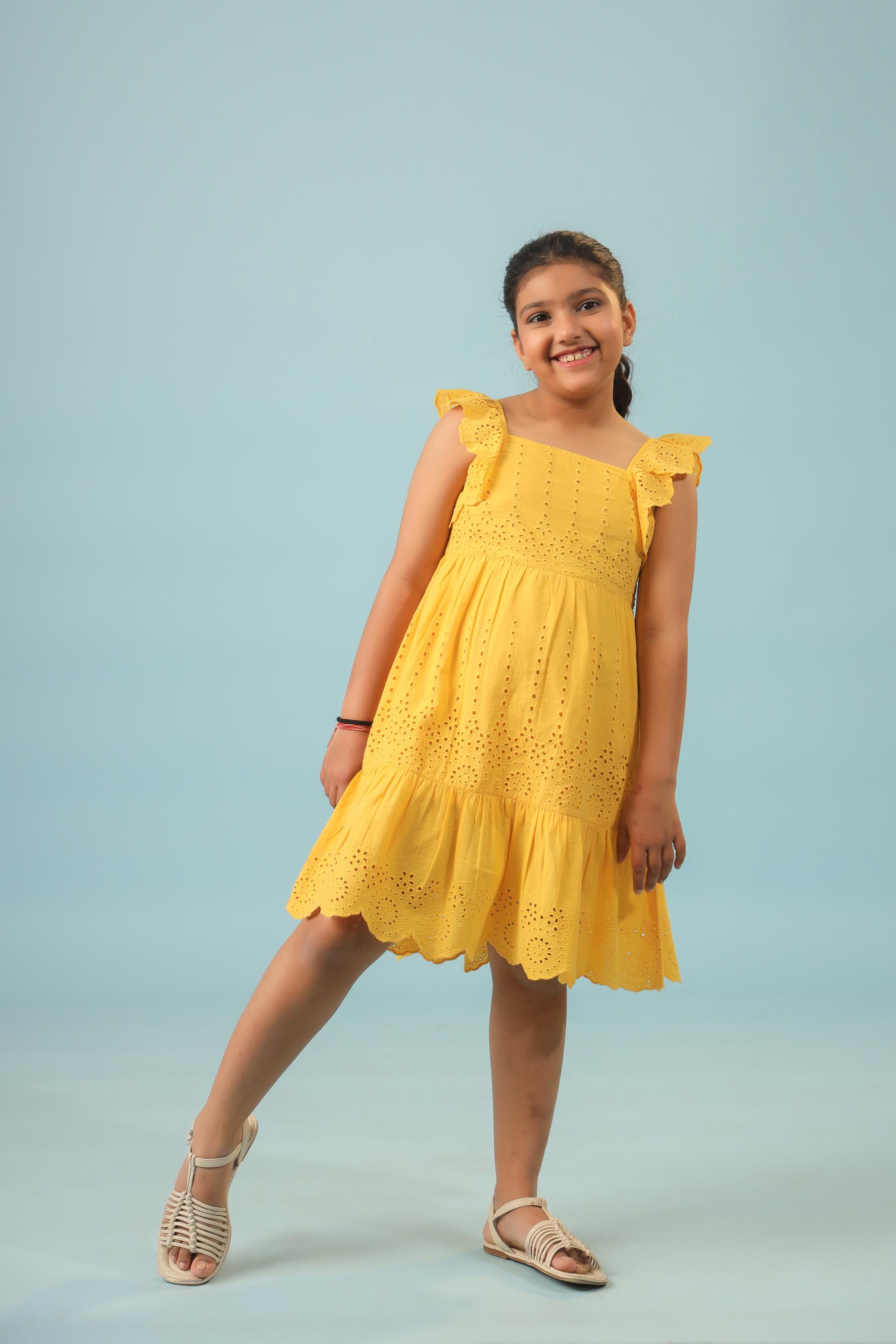 Yellow Anglaise Embroidery Dress