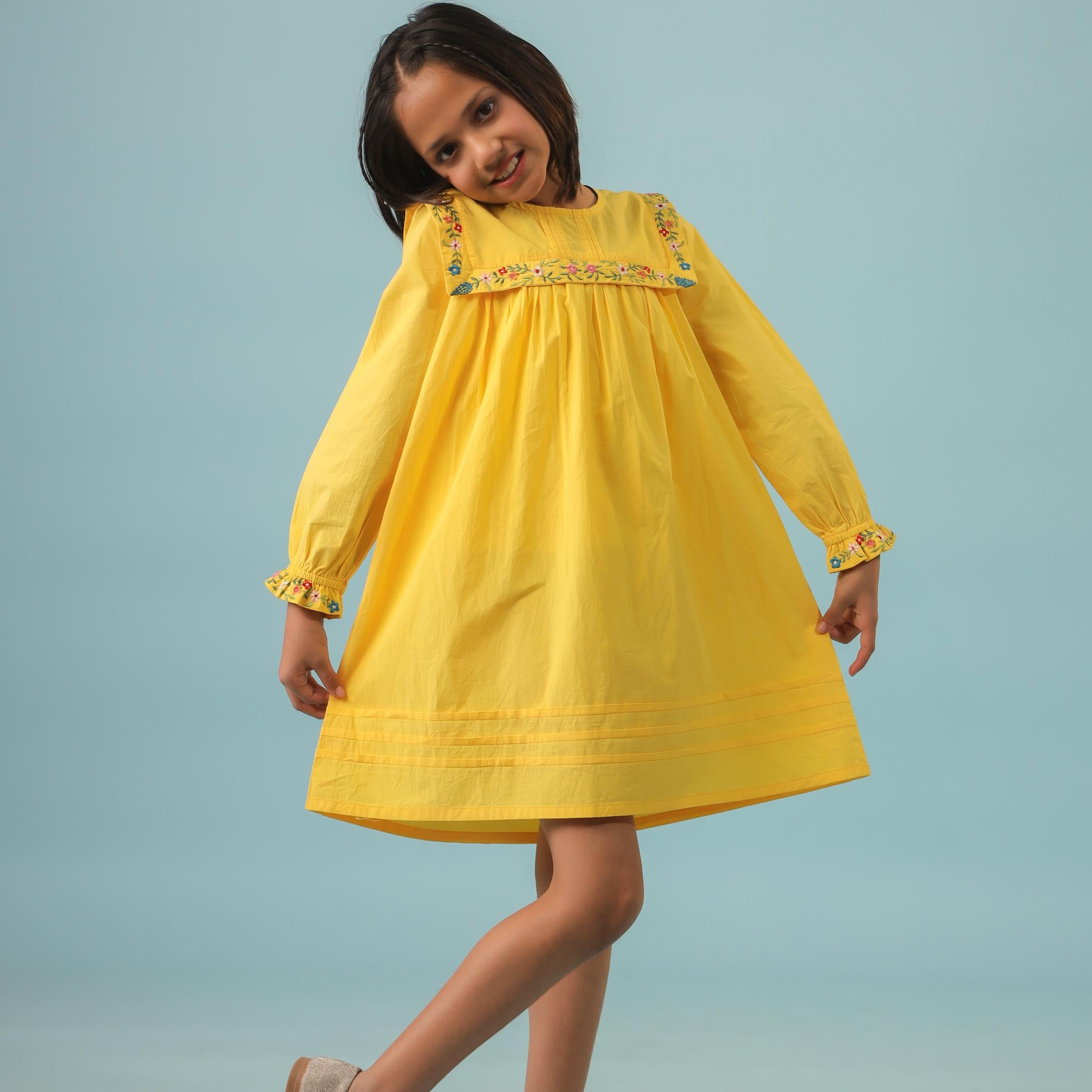 Yellow Pin Tuck and Embroidery Detail Dress - Premium Skin-Friendly Kids Wear India - The Little Trunk