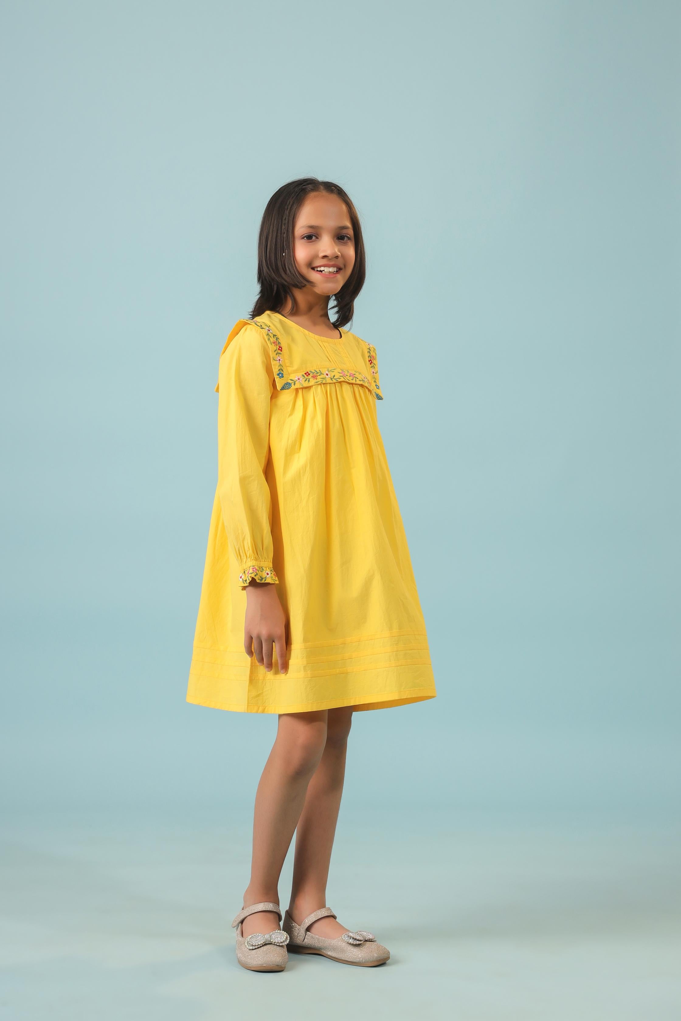 Yellow Pin Tuck and Embroidery Detail Dress