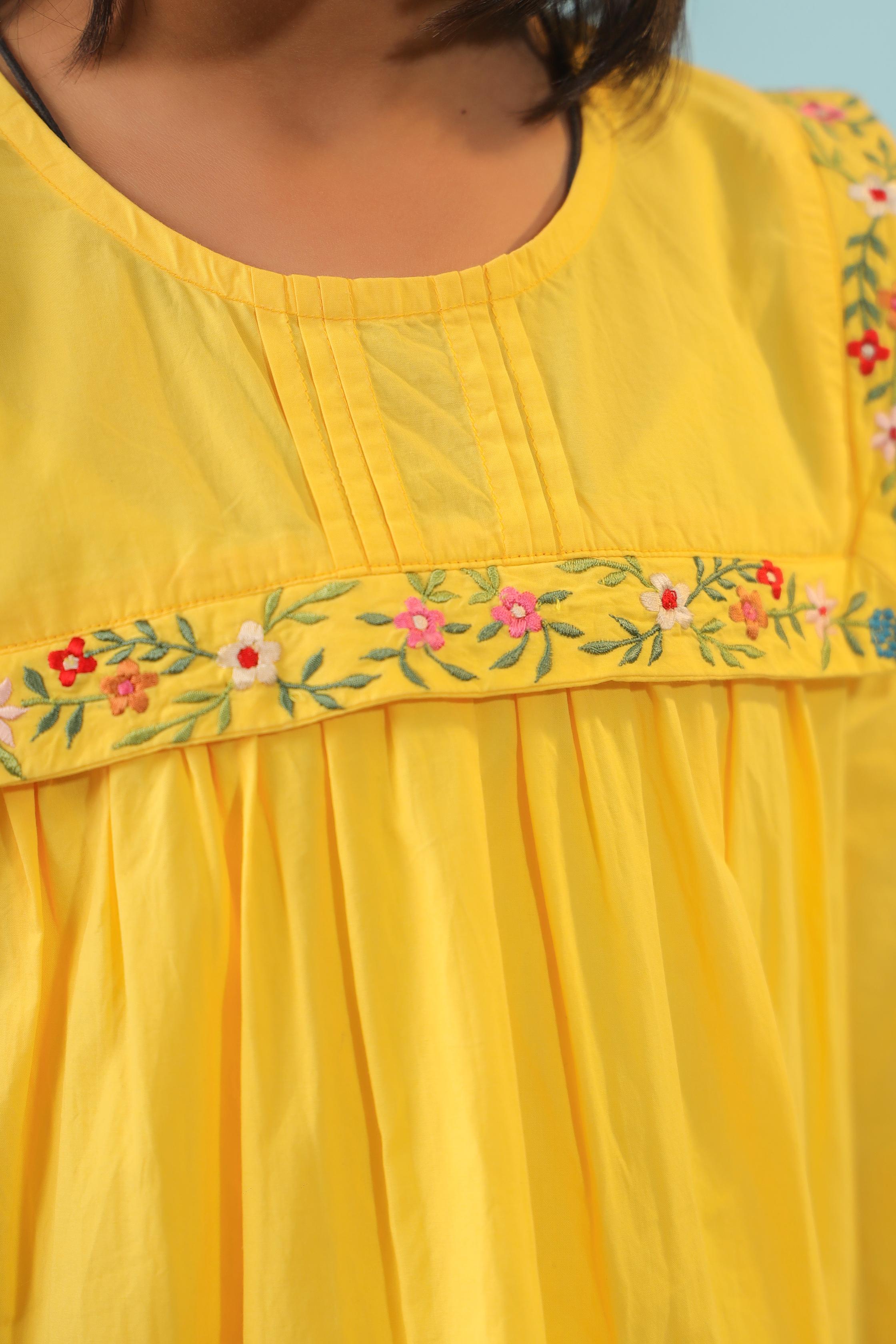 Yellow Pin Tuck and Embroidery Detail Dress