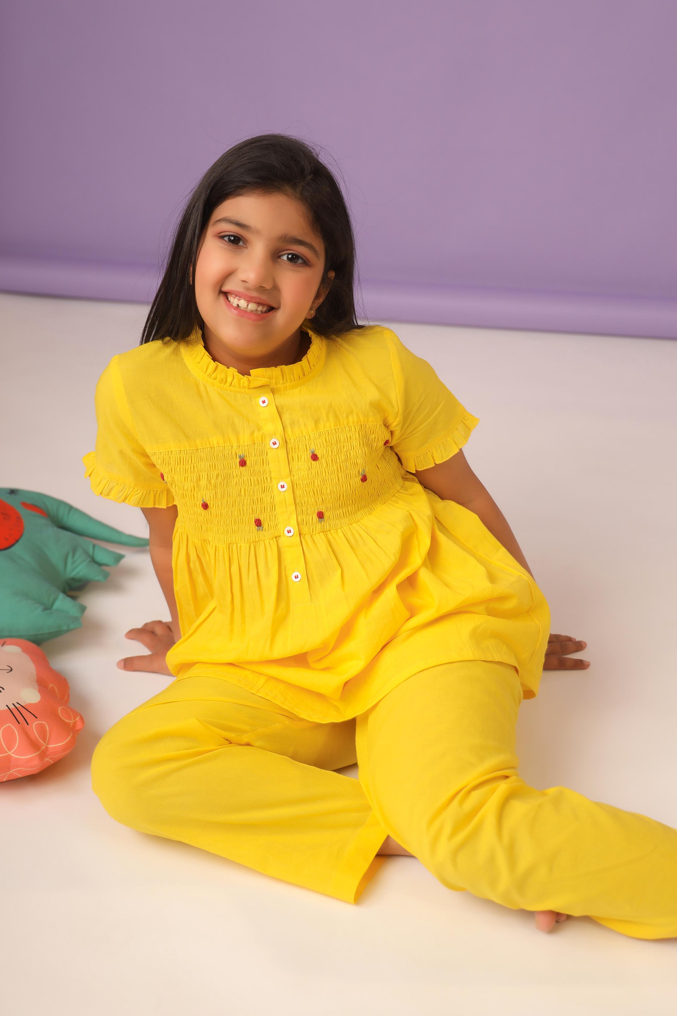 Yellow Smocking and Embroidery 
 Detail PJ Set