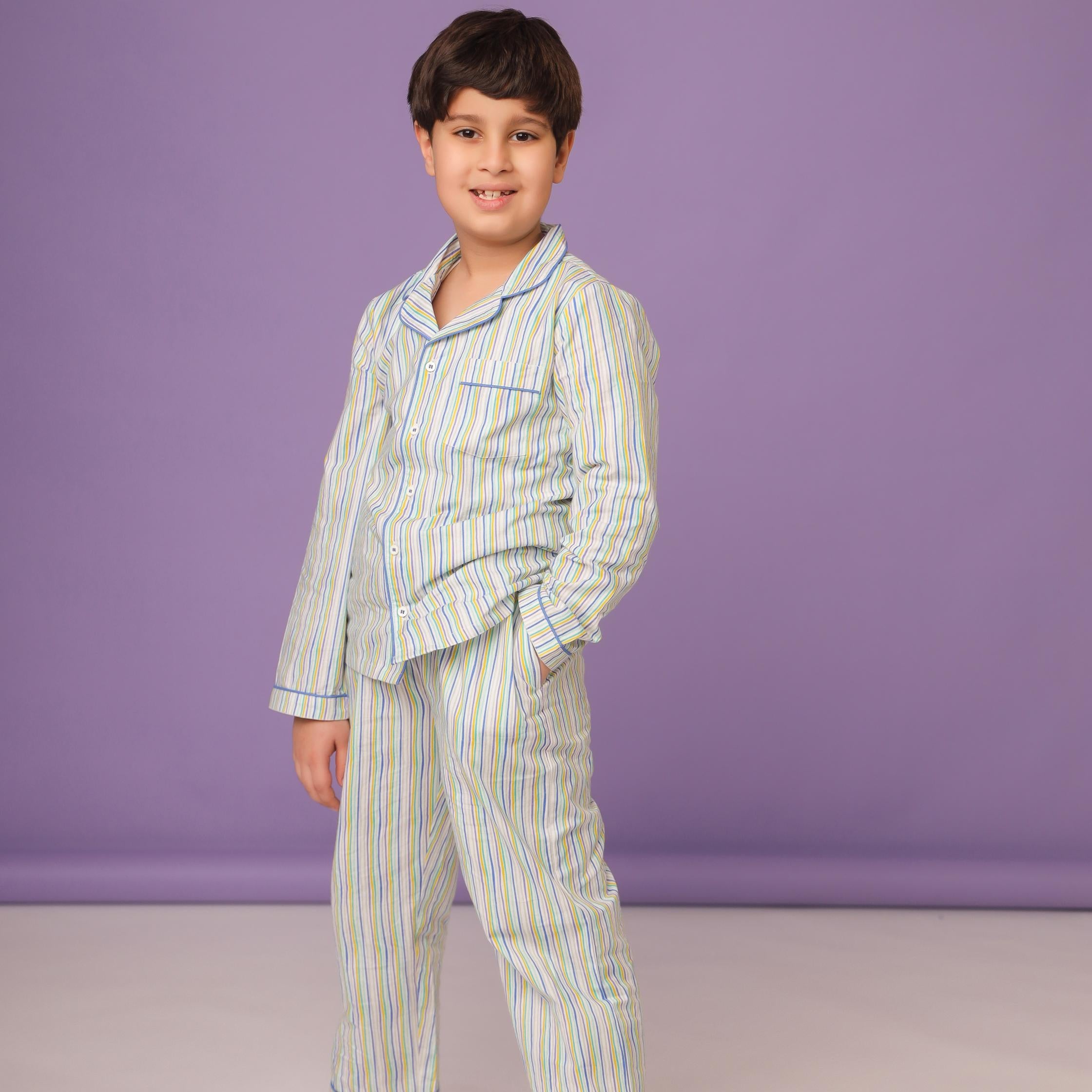 Shades of Blue Stripe PJ Set - Premium Skin-Friendly Kids Wear India - The Little Trunk