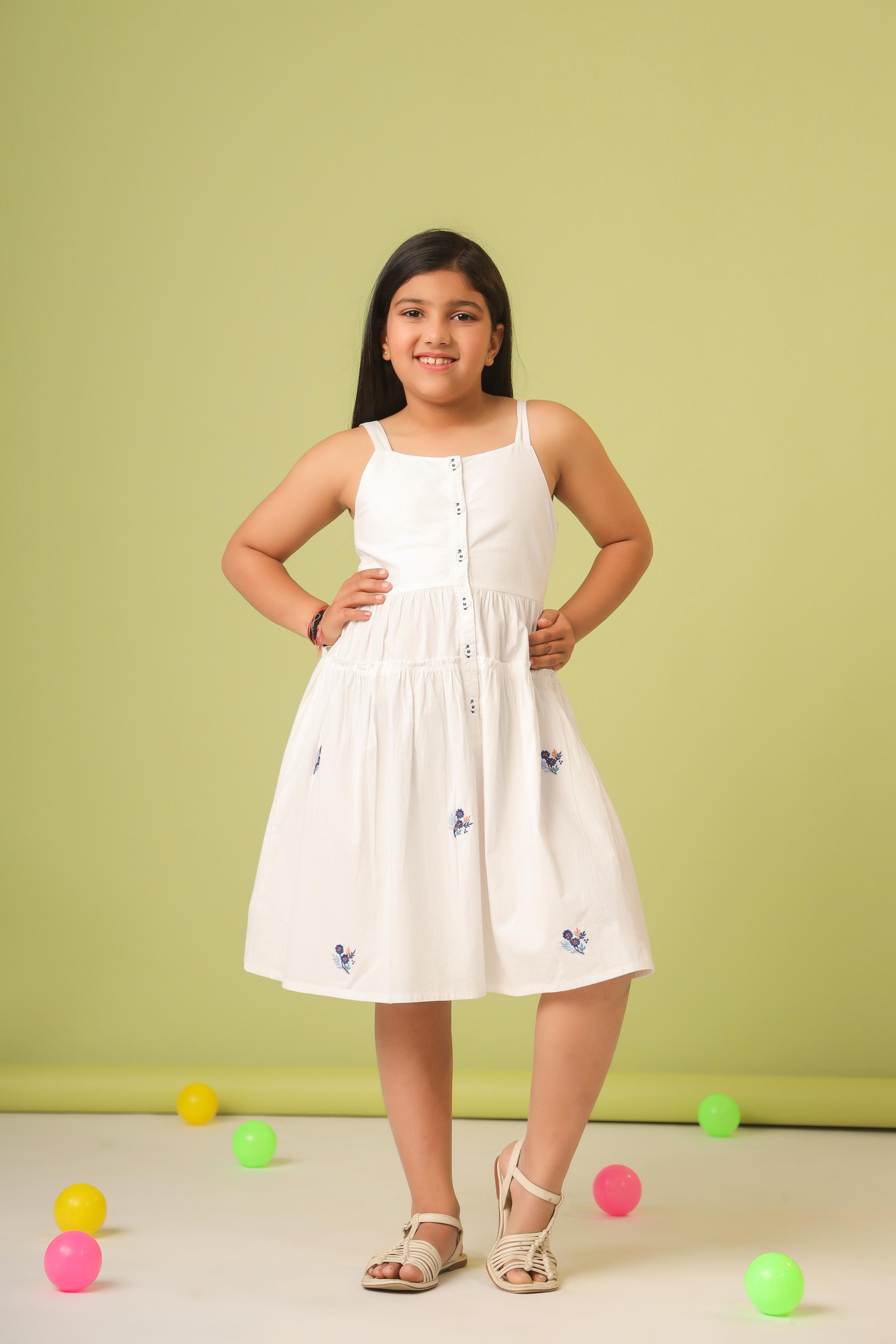 White Blue Embroidery Dress