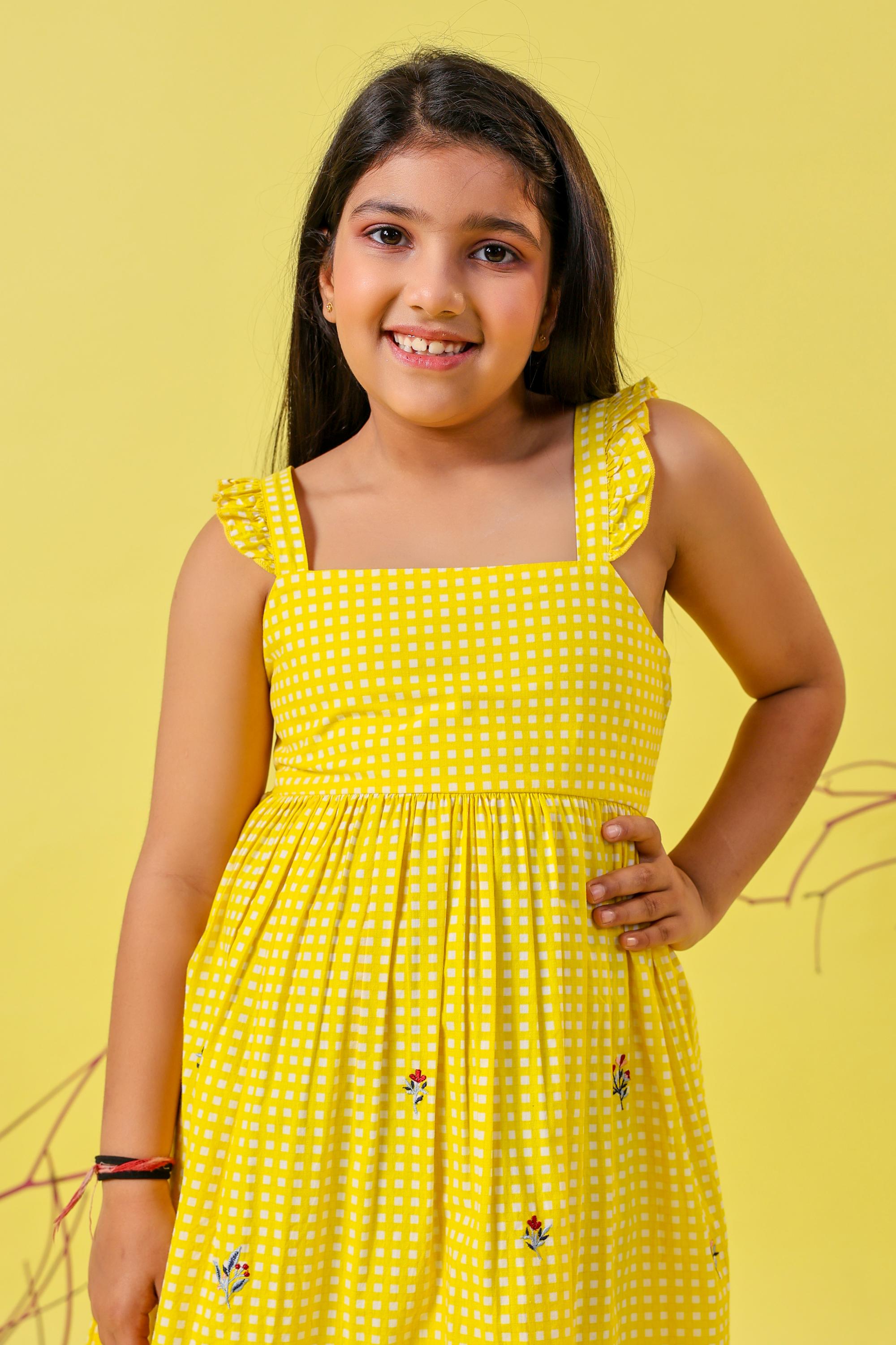 Yellow Checks Embroidery Dress