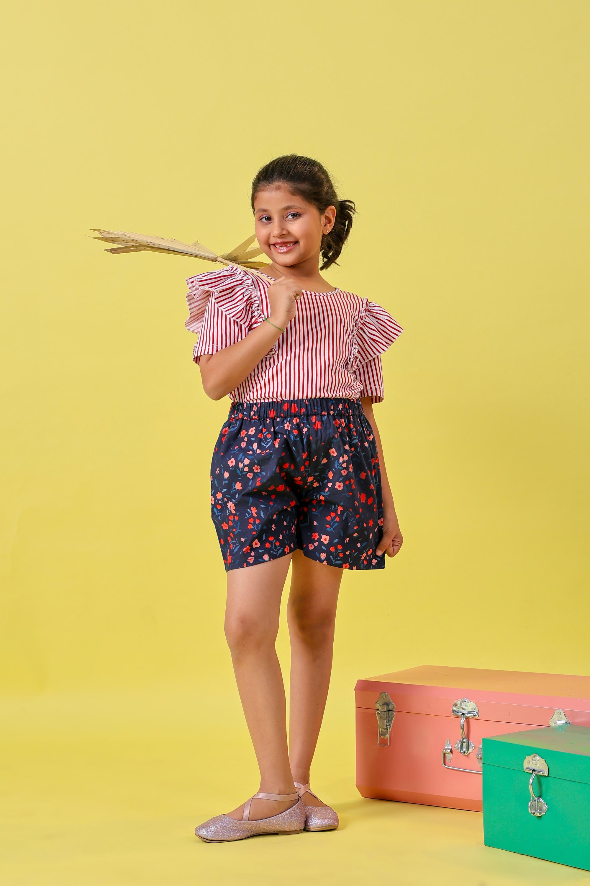 Red and Blue Floral Skirt/ Shorts Set