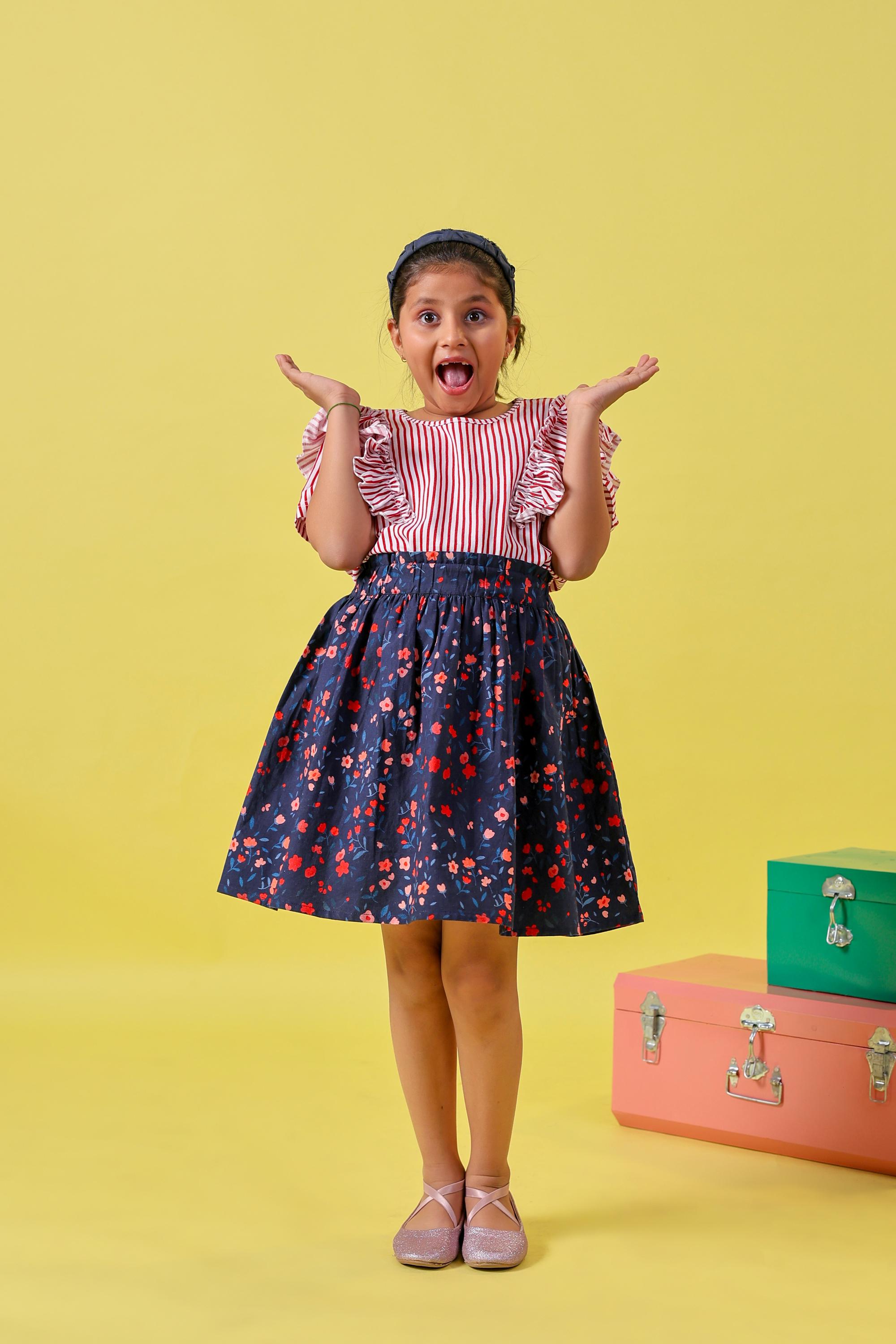 Red and Blue Floral Skirt/ Shorts Set