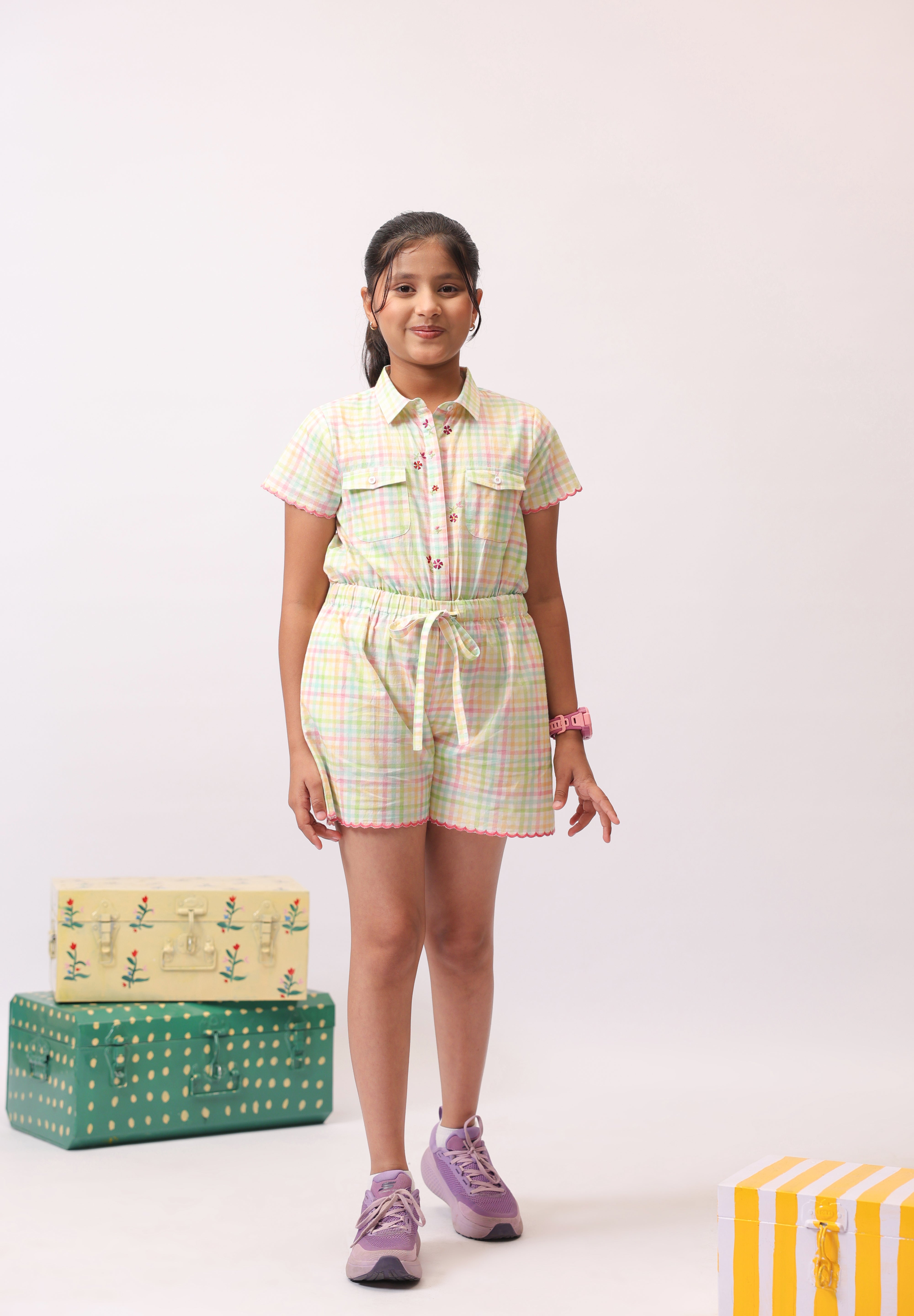 Pastel Check Shirt Jumpsuit for Girls