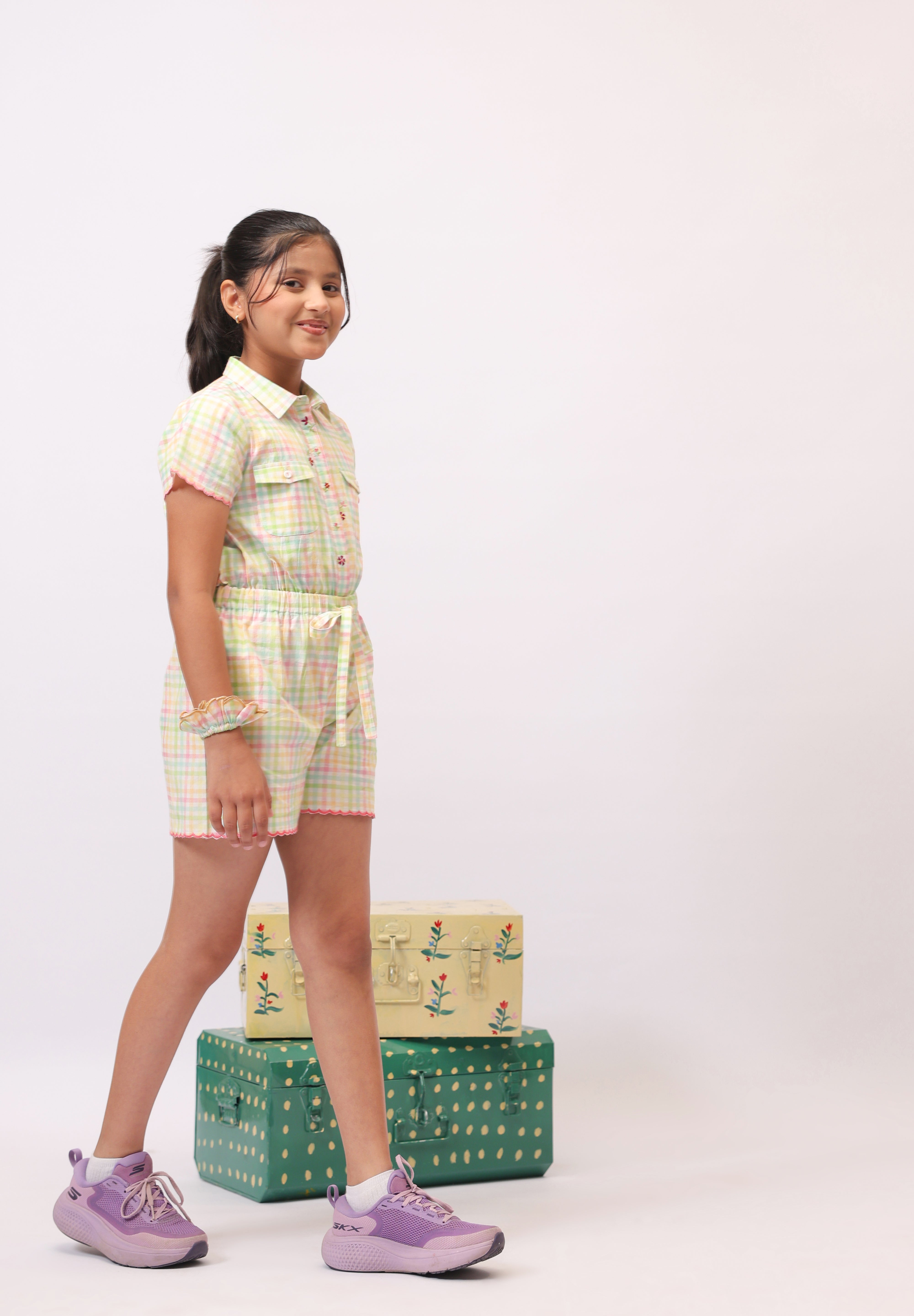 Pastel Check Shirt Jumpsuit for Girls