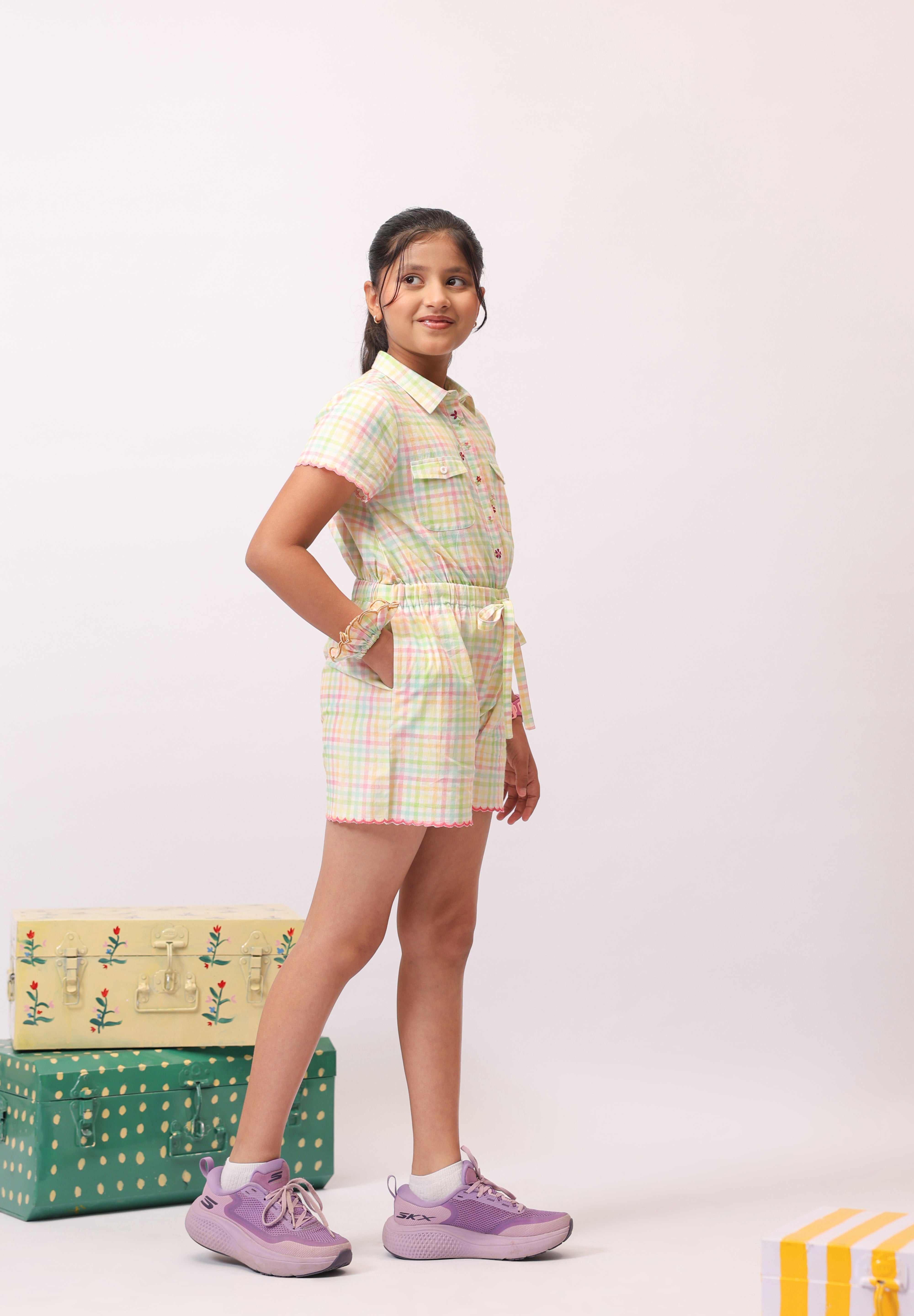 Pastel Check Shirt Jumpsuit for Girls
