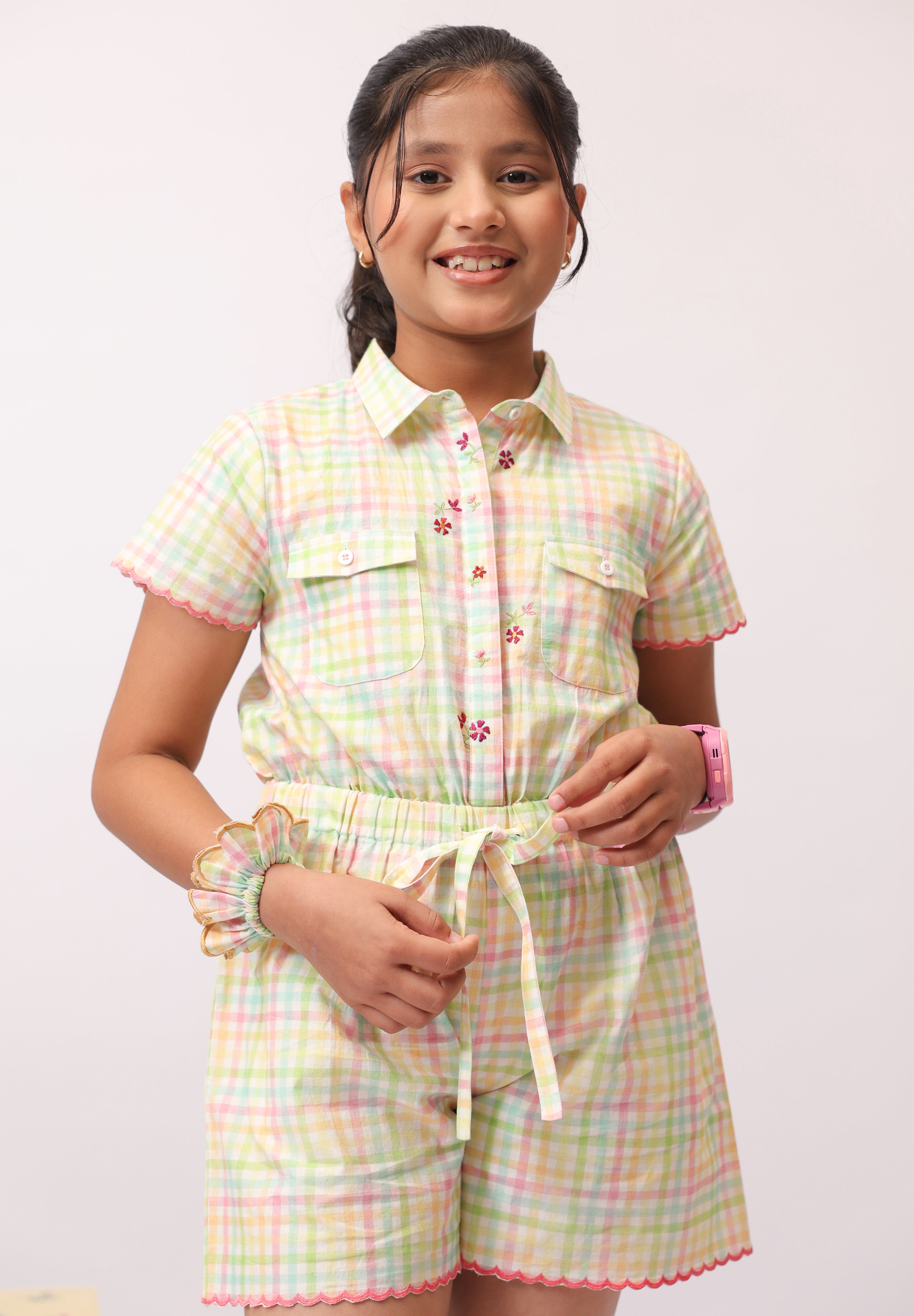Pastel Check Shirt Jumpsuit for Girls