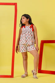 White & Red Block Print Shorts/Skirt Set