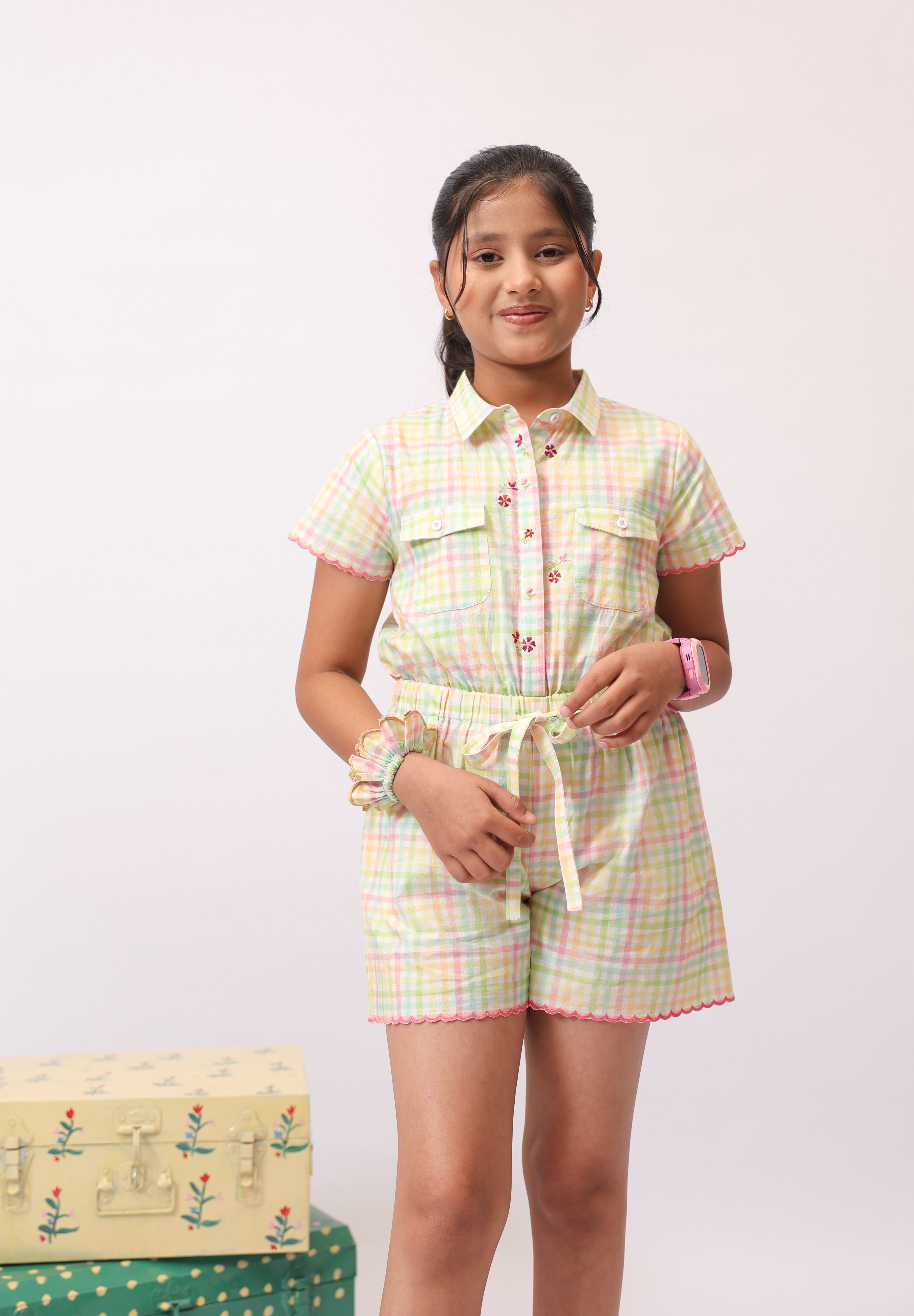 Pastel Check Shirt Jumpsuit for Girls