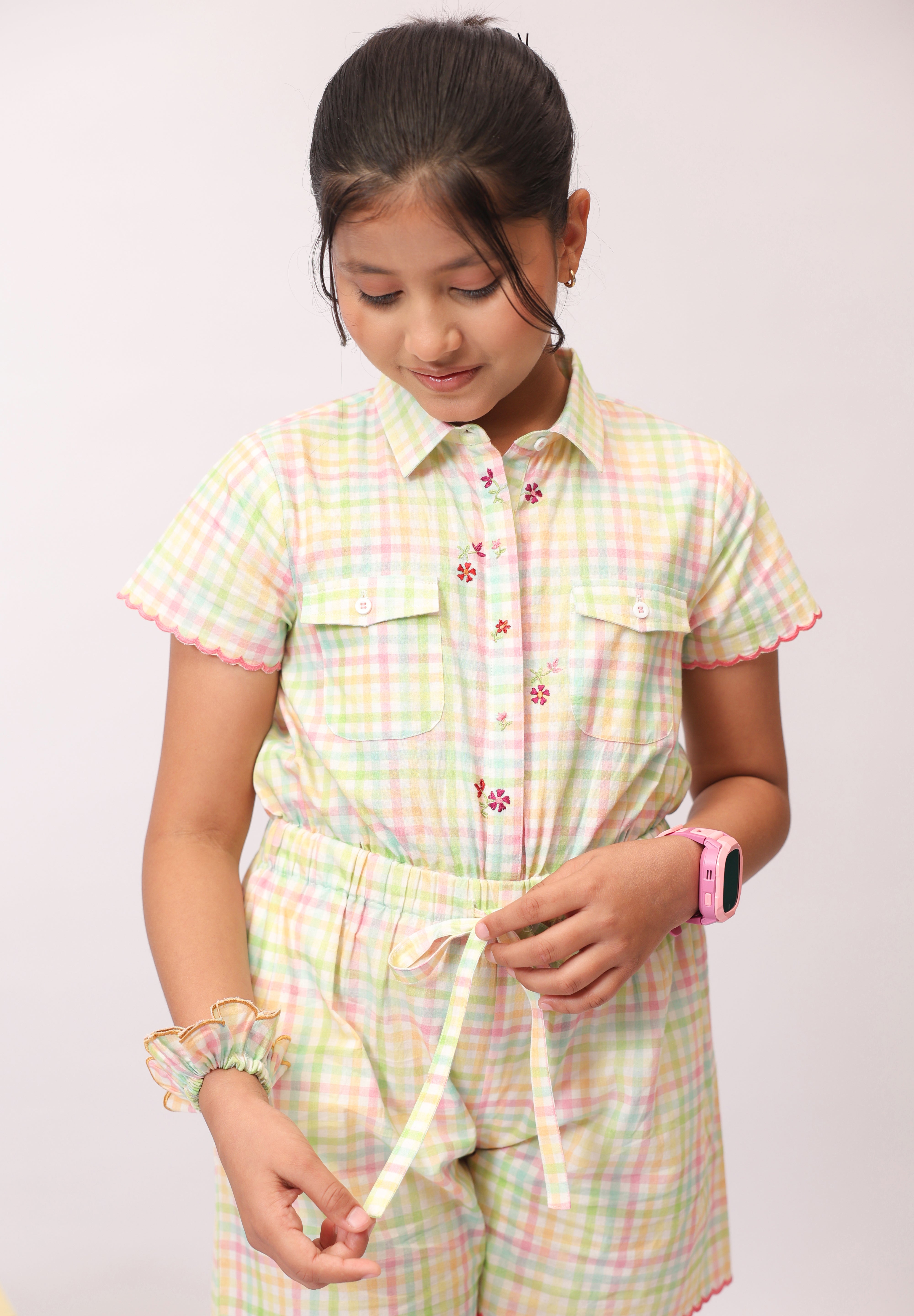 Pastel Check Shirt Jumpsuit for Girls