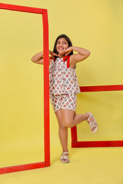 White & Red Block Print Shorts/Skirt Set