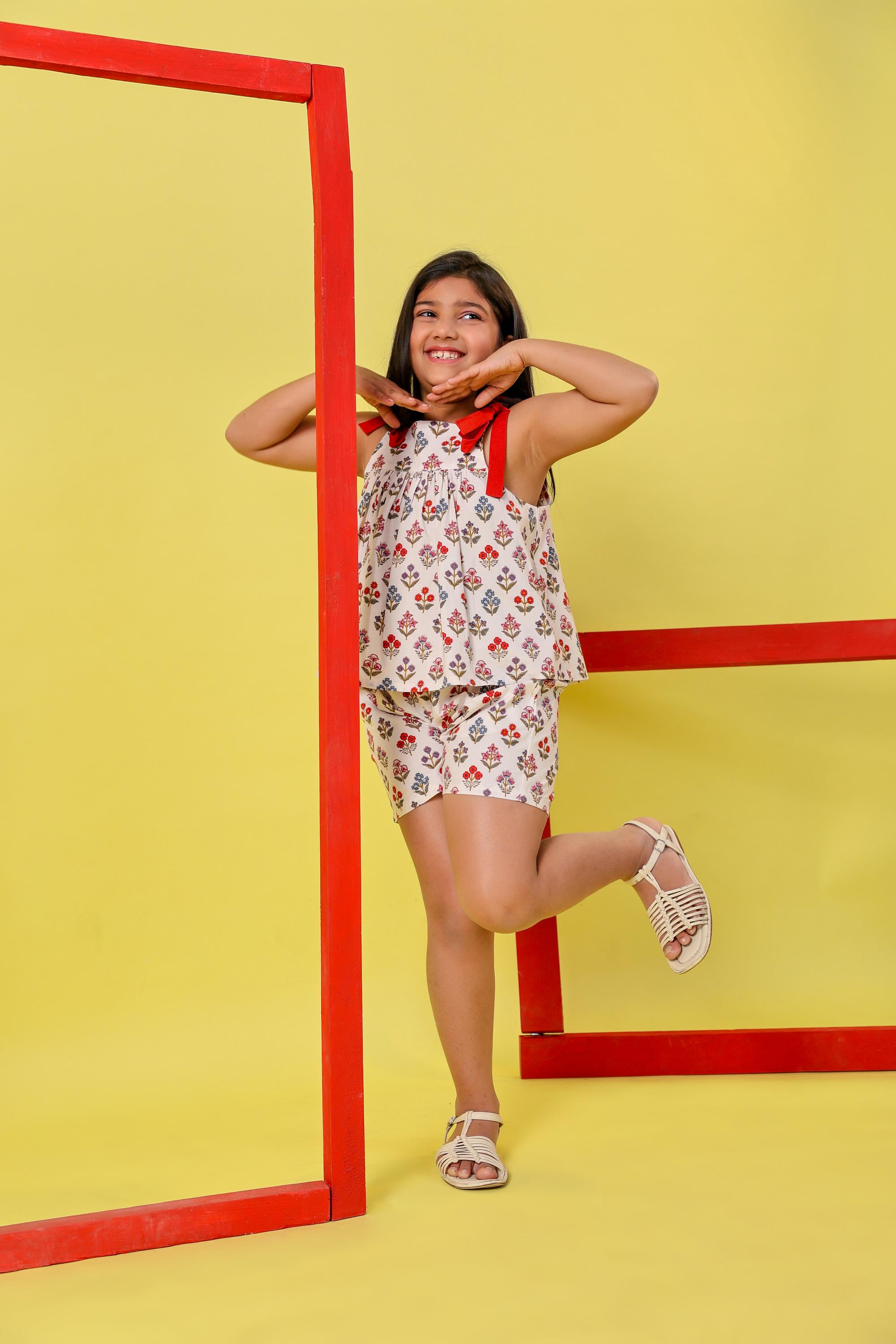 White & Red Block Print Shorts Set