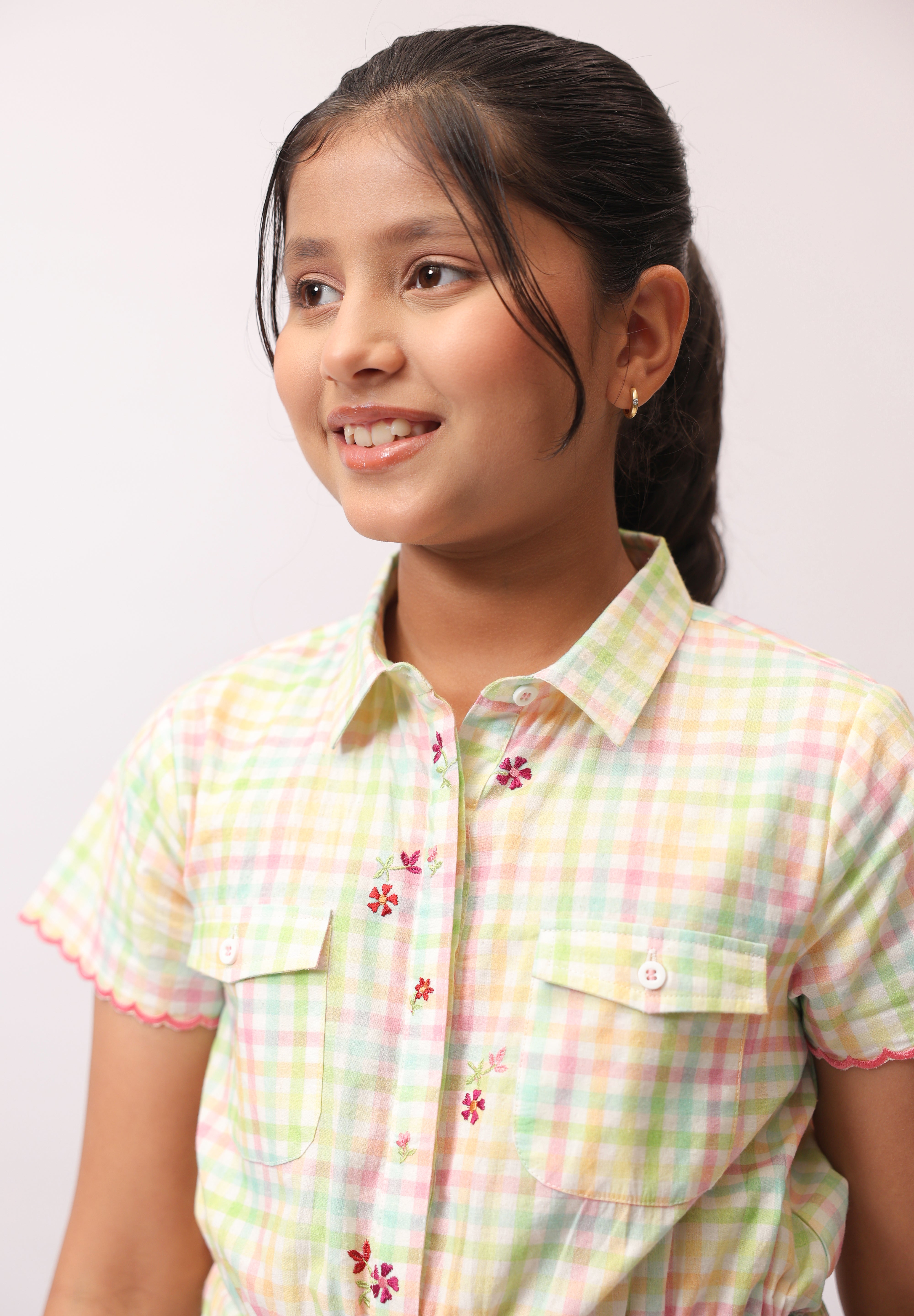 Pastel Check Shirt Jumpsuit for Girls
