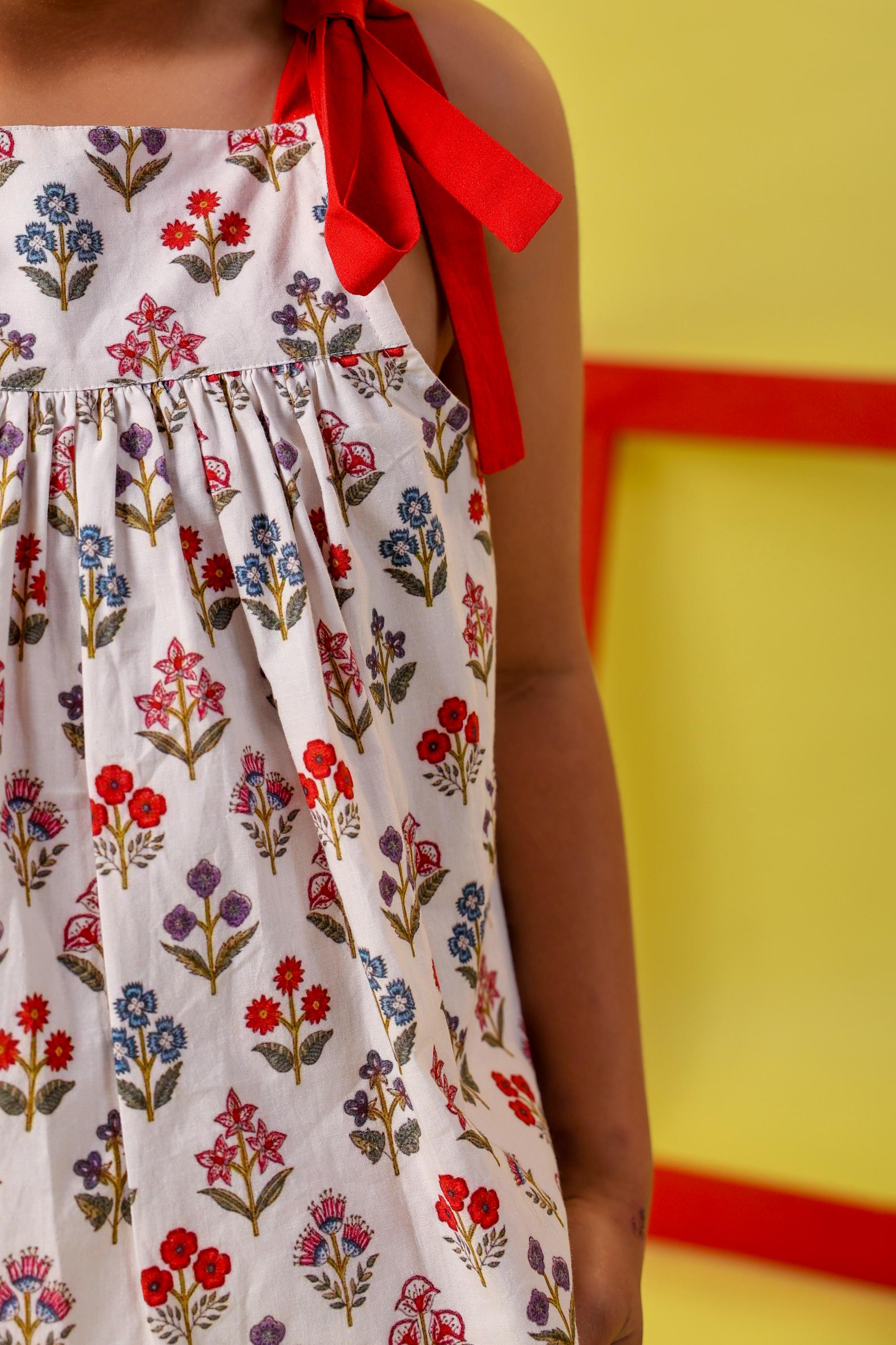 White & Red Block Print Shorts/Skirt Set