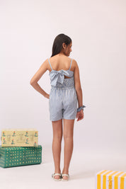 Blue Stripe Embroidered Strappy Jumpsuit For Girls