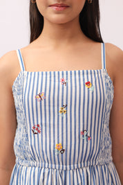 Blue Stripe Embroidered Strappy Jumpsuit For Girls