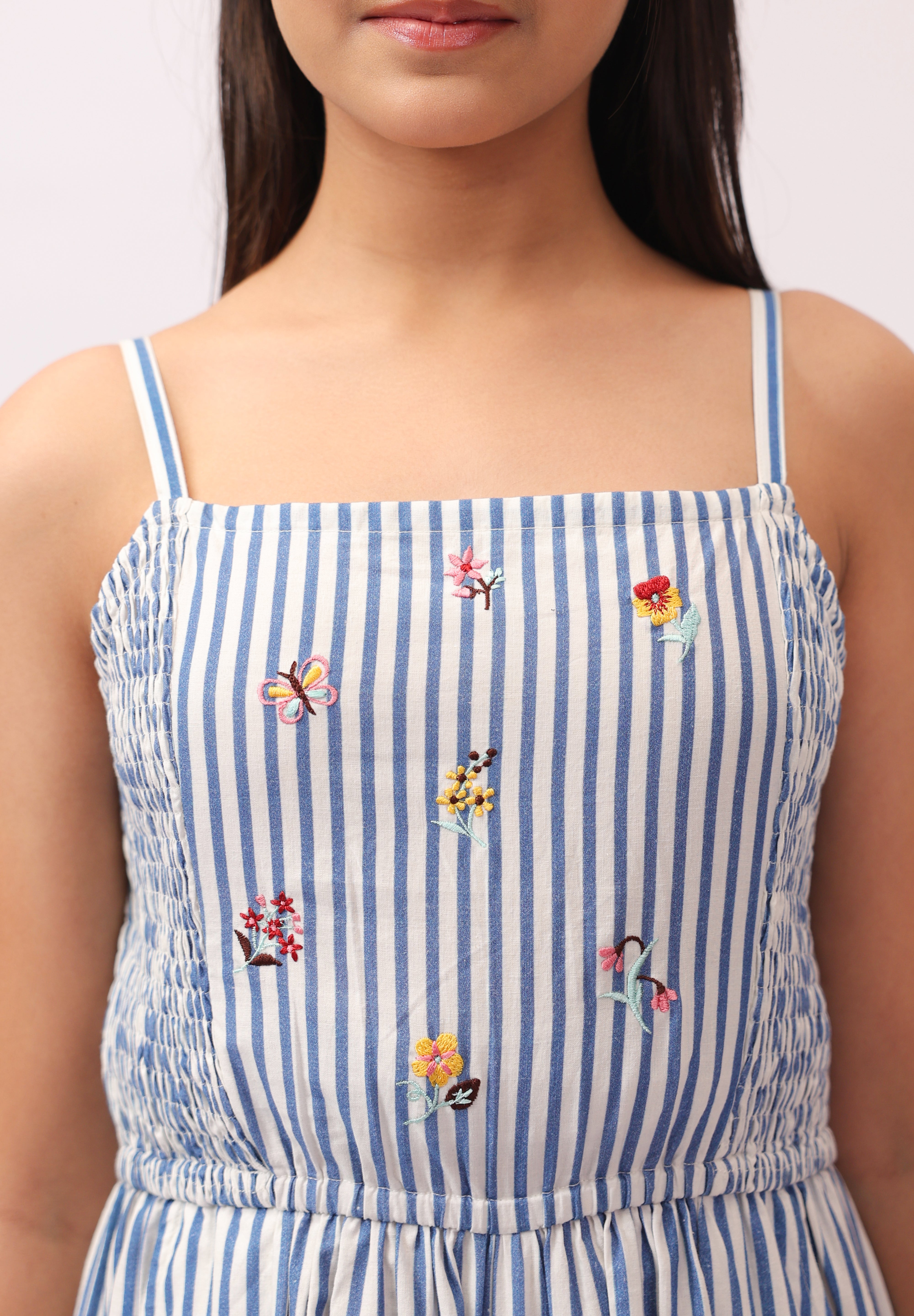Blue Stripe Embroidered Strappy Jumpsuit For Girls