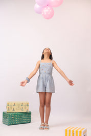 Blue Stripe Embroidered Strappy Jumpsuit For Girls