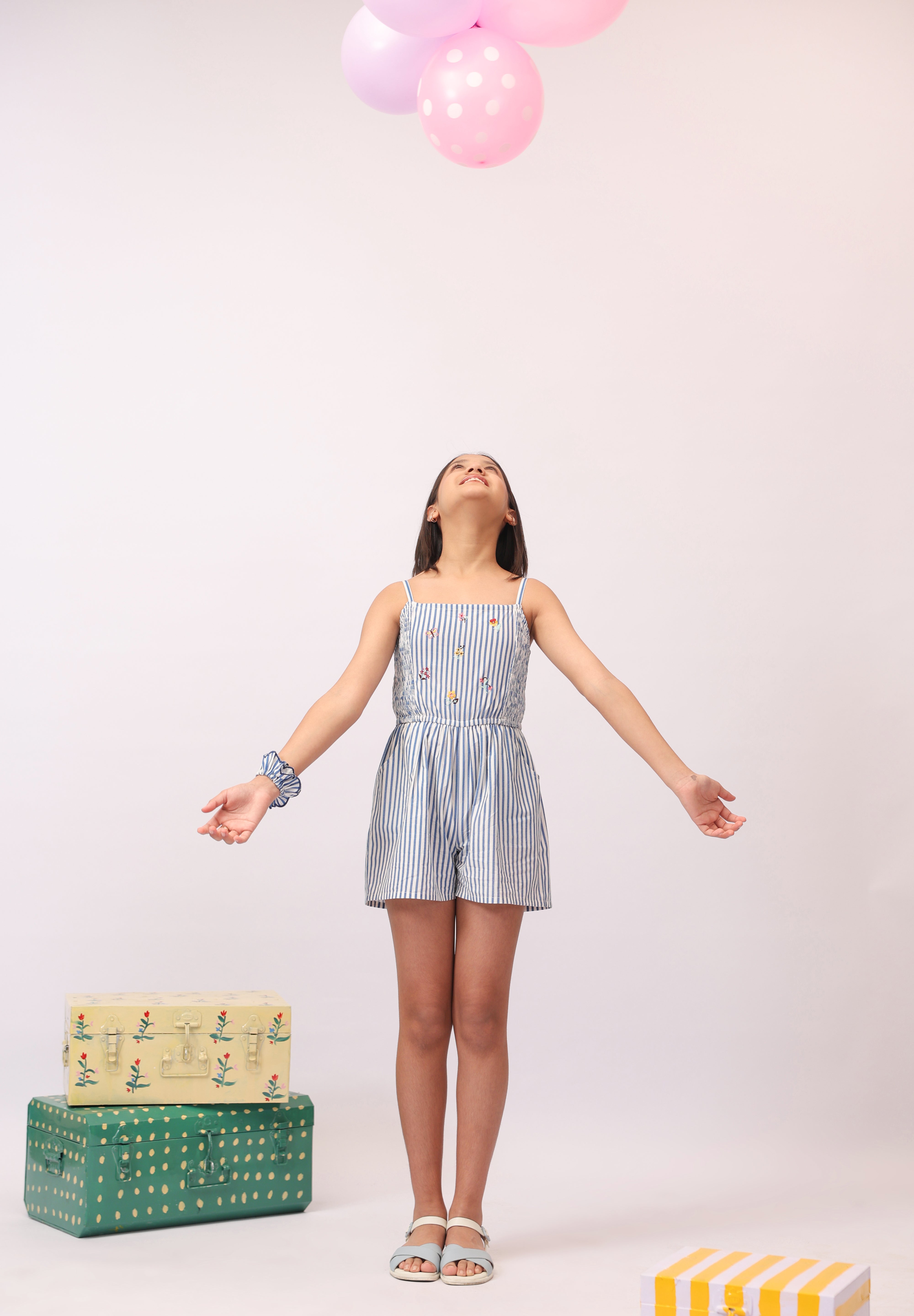 Blue Stripe Embroidered Strappy Jumpsuit For Girls