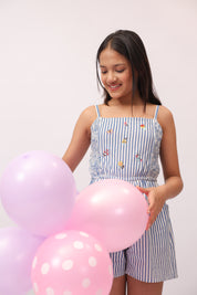 Blue Stripe Embroidered Strappy Jumpsuit For Girls