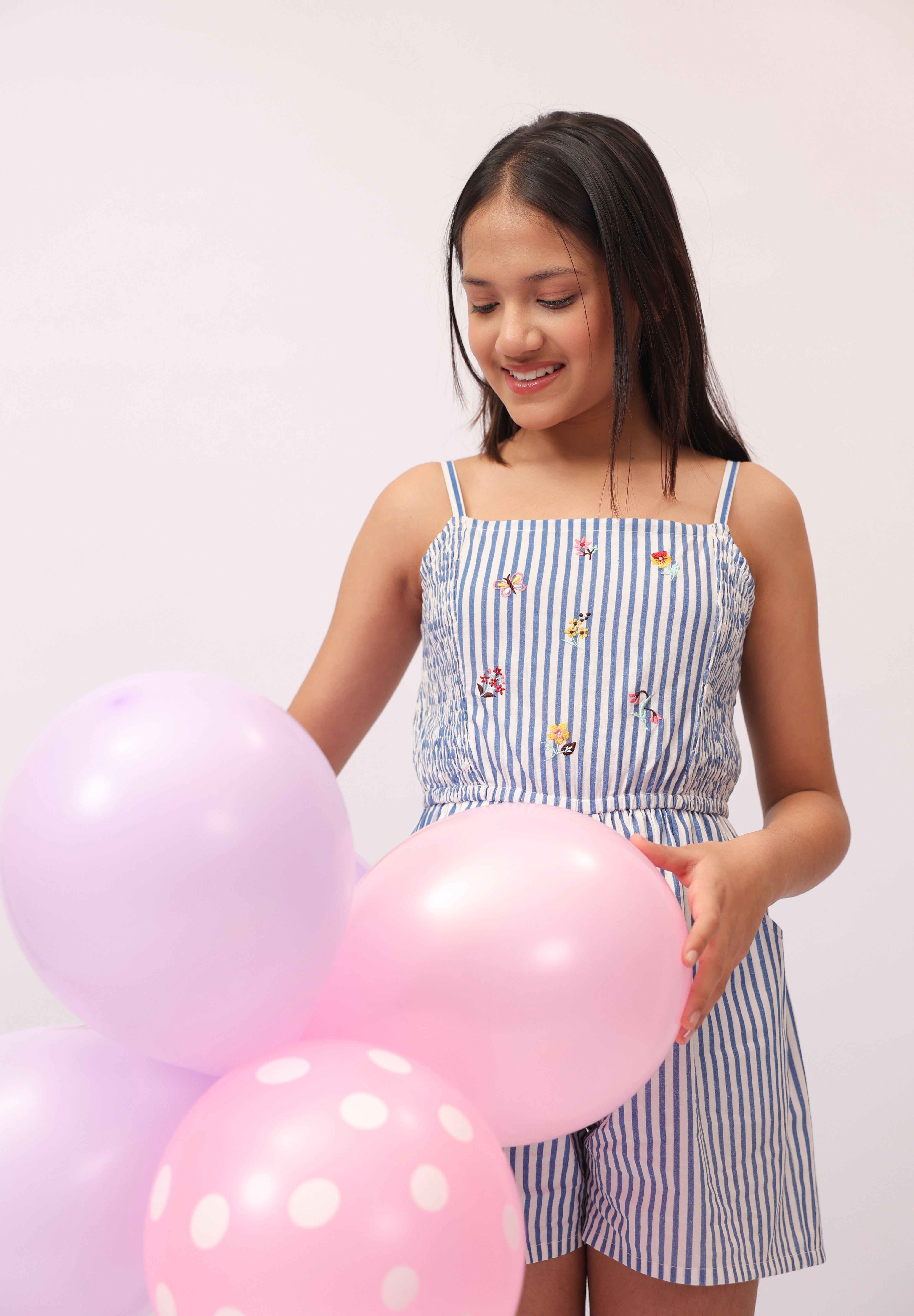 Blue Stripe Embroidered Strappy Jumpsuit For Girls