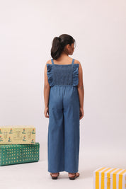 Denim Floral Embroidered Wide-Leg Jumpsuit