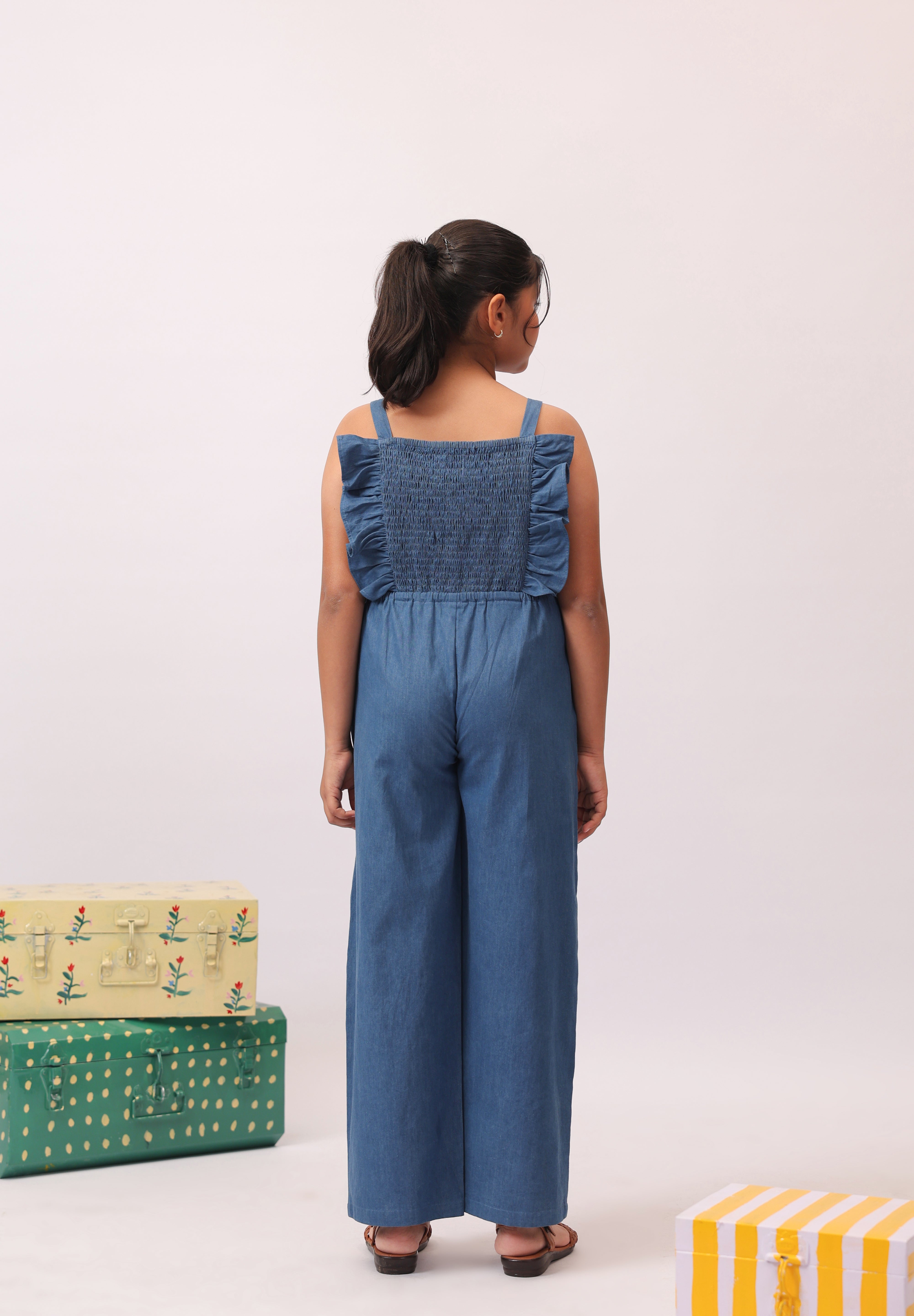 Denim Floral Embroidered Wide-Leg Jumpsuit