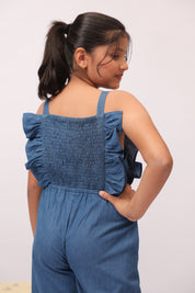 Denim Floral Embroidered Wide-Leg Jumpsuit