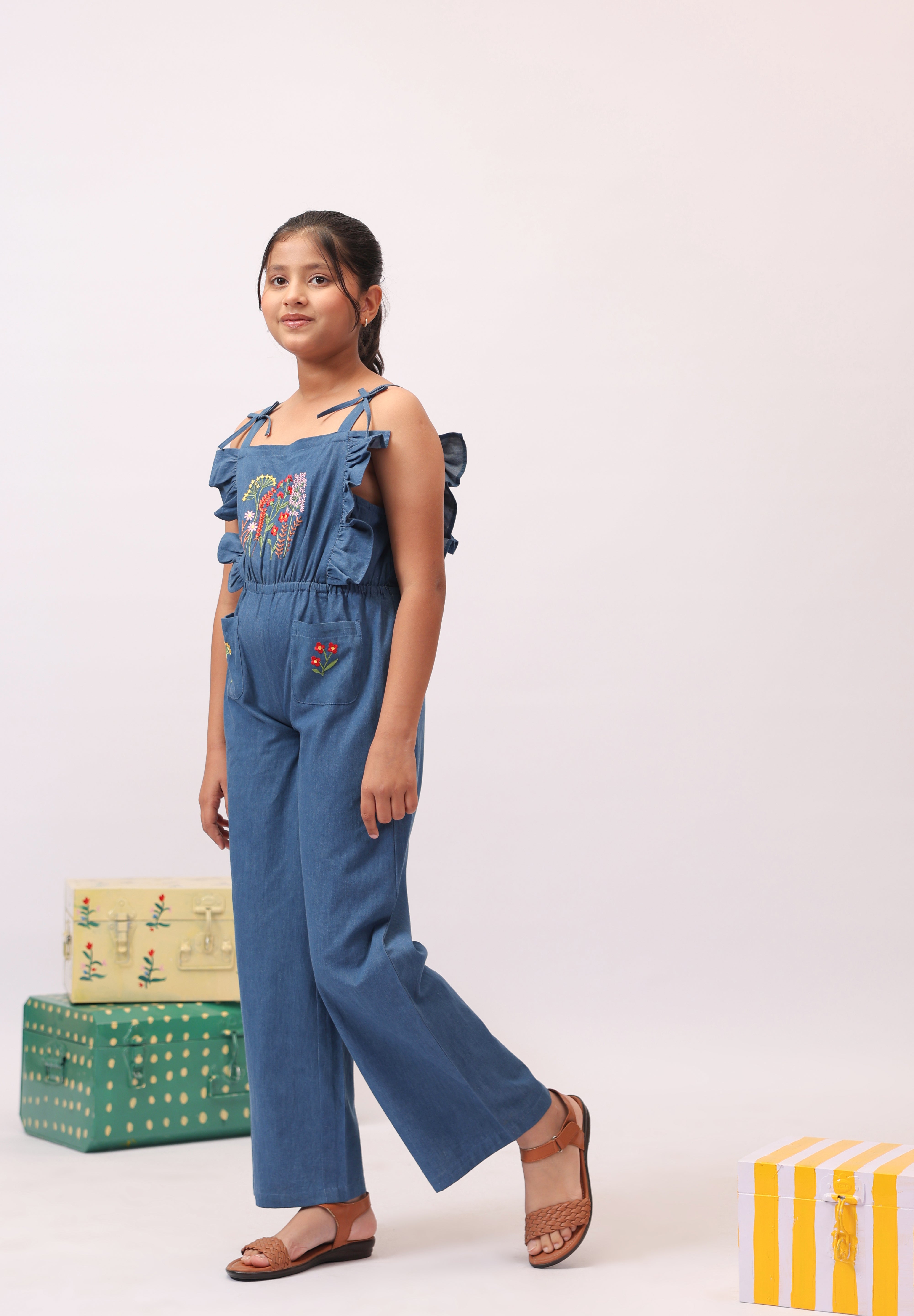 Denim Floral Embroidered Wide-Leg Jumpsuit