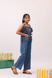 Denim Floral Embroidered Wide-Leg Jumpsuit