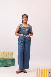 Denim Floral Embroidered Wide-Leg Jumpsuit