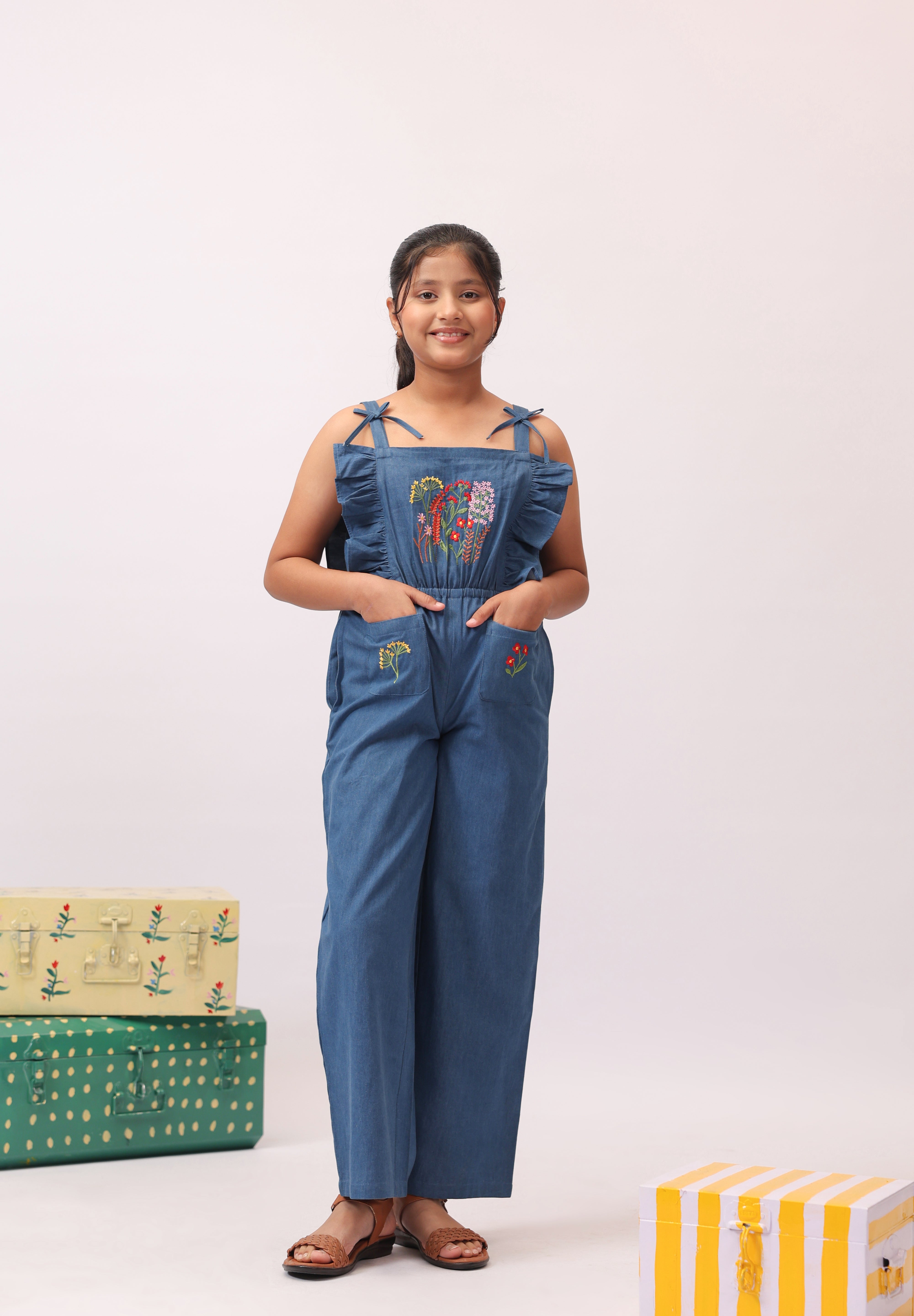 Denim Floral Embroidered Wide-Leg Jumpsuit