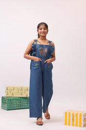 Denim Floral Embroidered Wide-Leg Jumpsuit