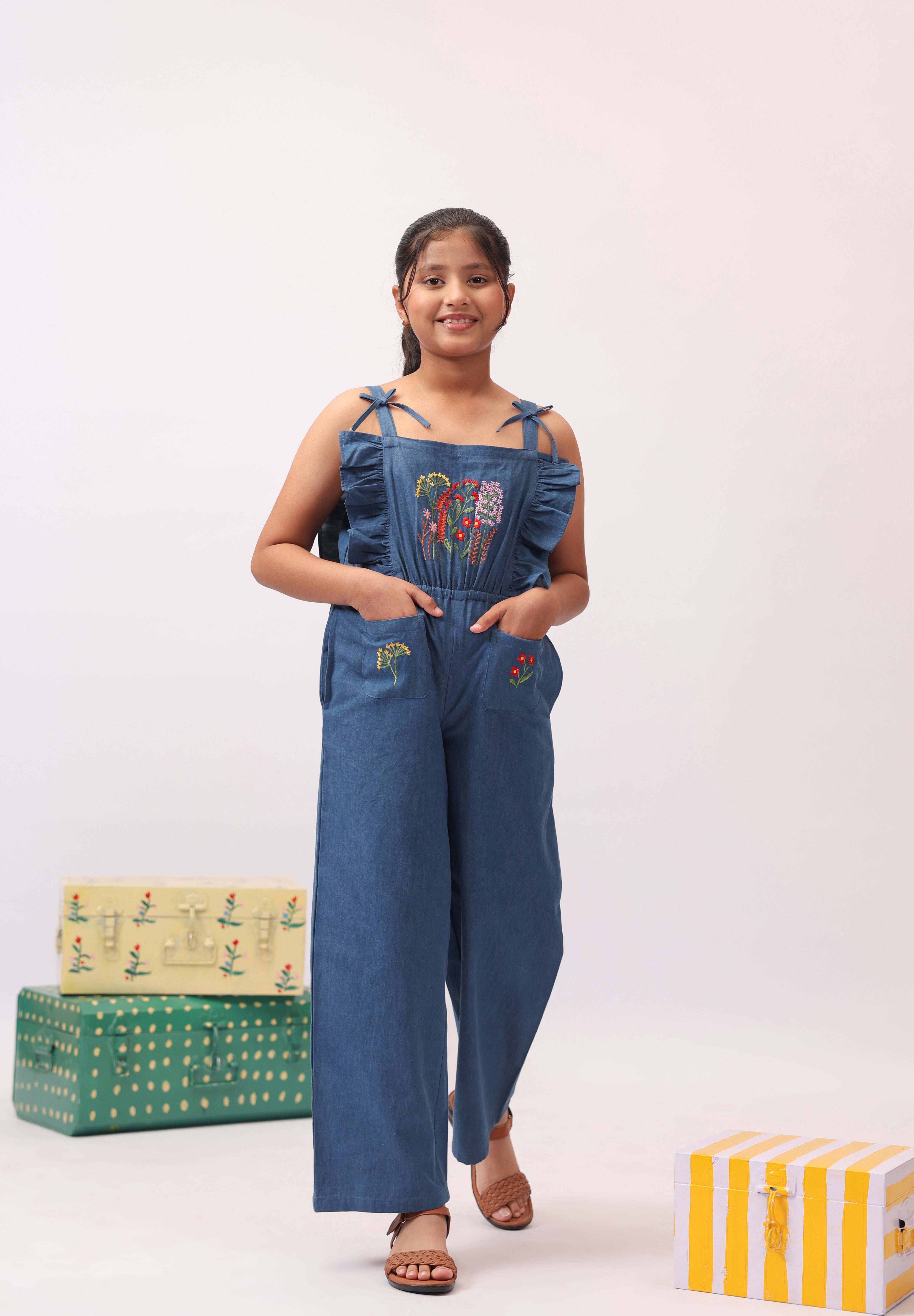 Denim Floral Embroidered Wide-Leg Jumpsuit