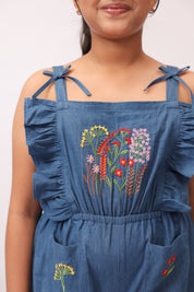 Denim Floral Embroidered Wide-Leg Jumpsuit