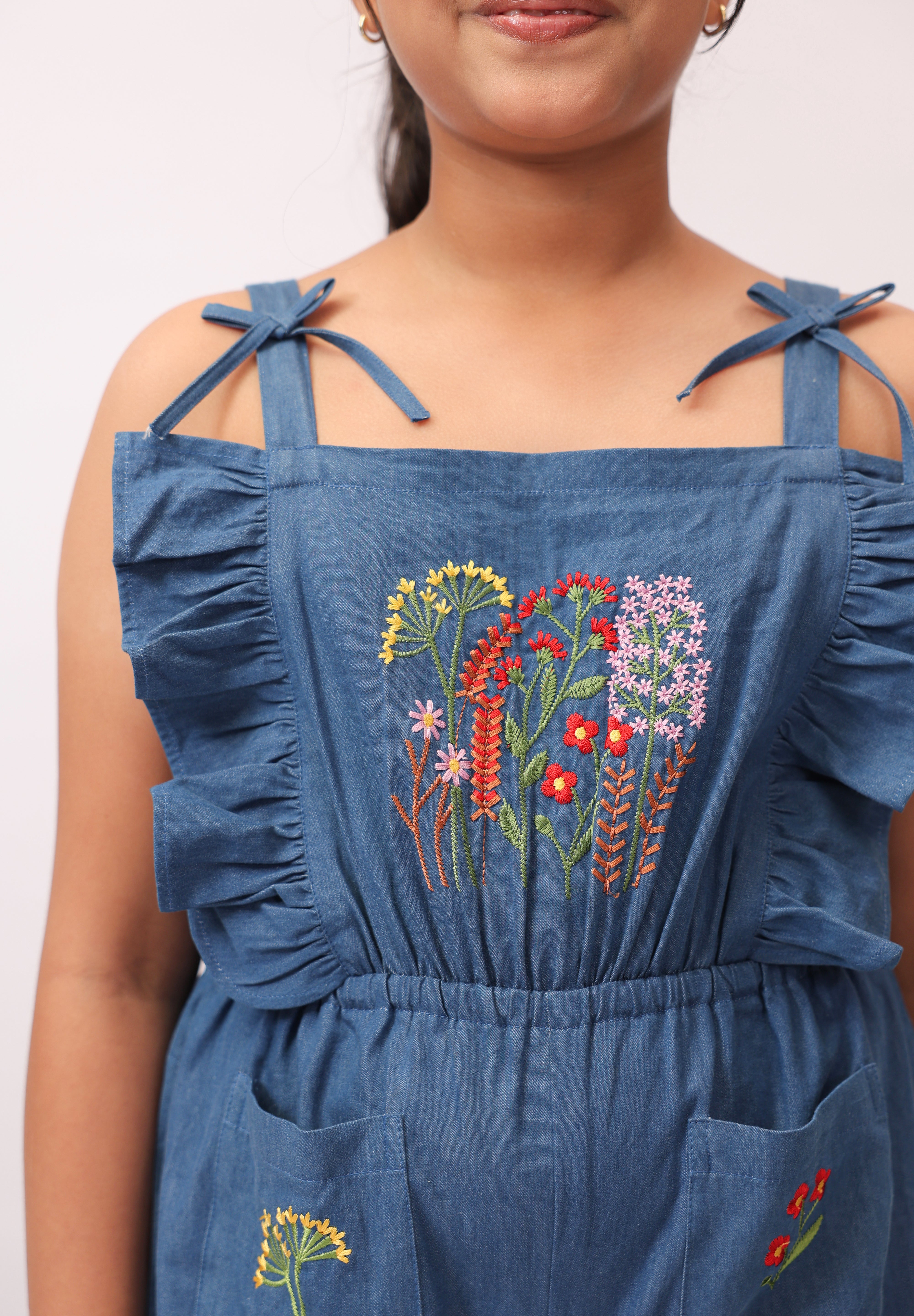 Denim Floral Embroidered Wide-Leg Jumpsuit