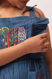 Denim Floral Embroidered Wide-Leg Jumpsuit