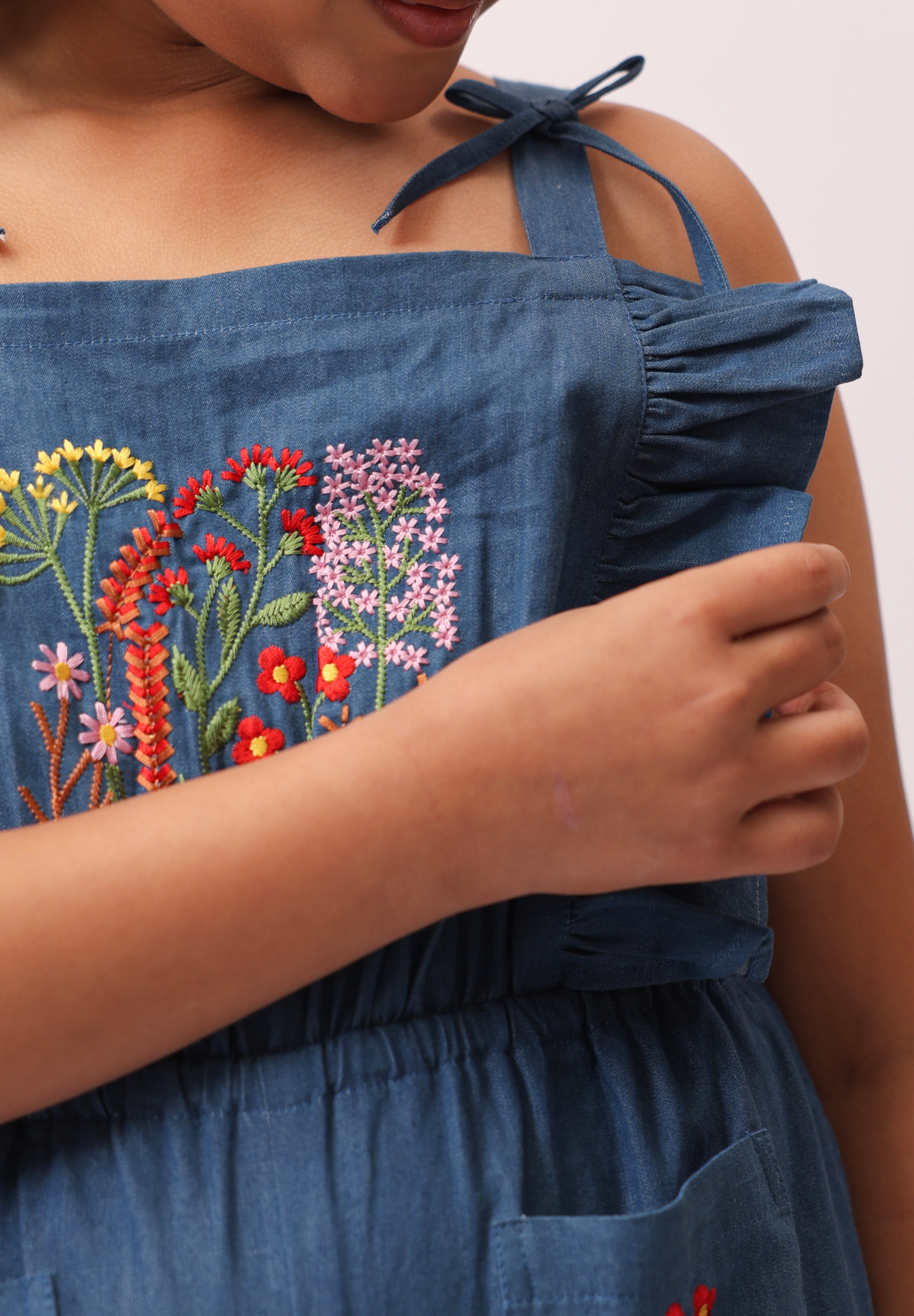 Denim Floral Embroidered Wide-Leg Jumpsuit