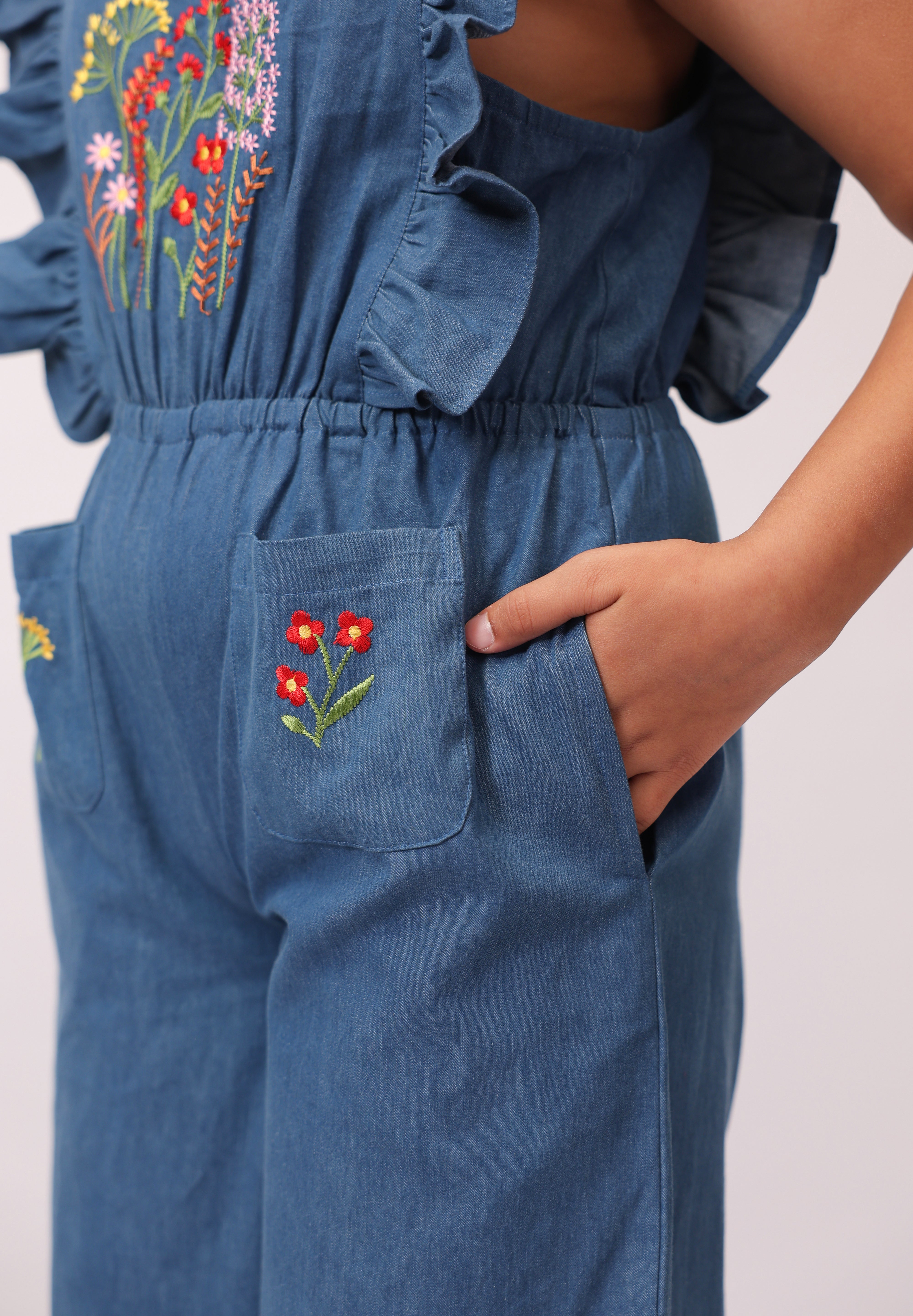 Denim Floral Embroidered Wide-Leg Jumpsuit